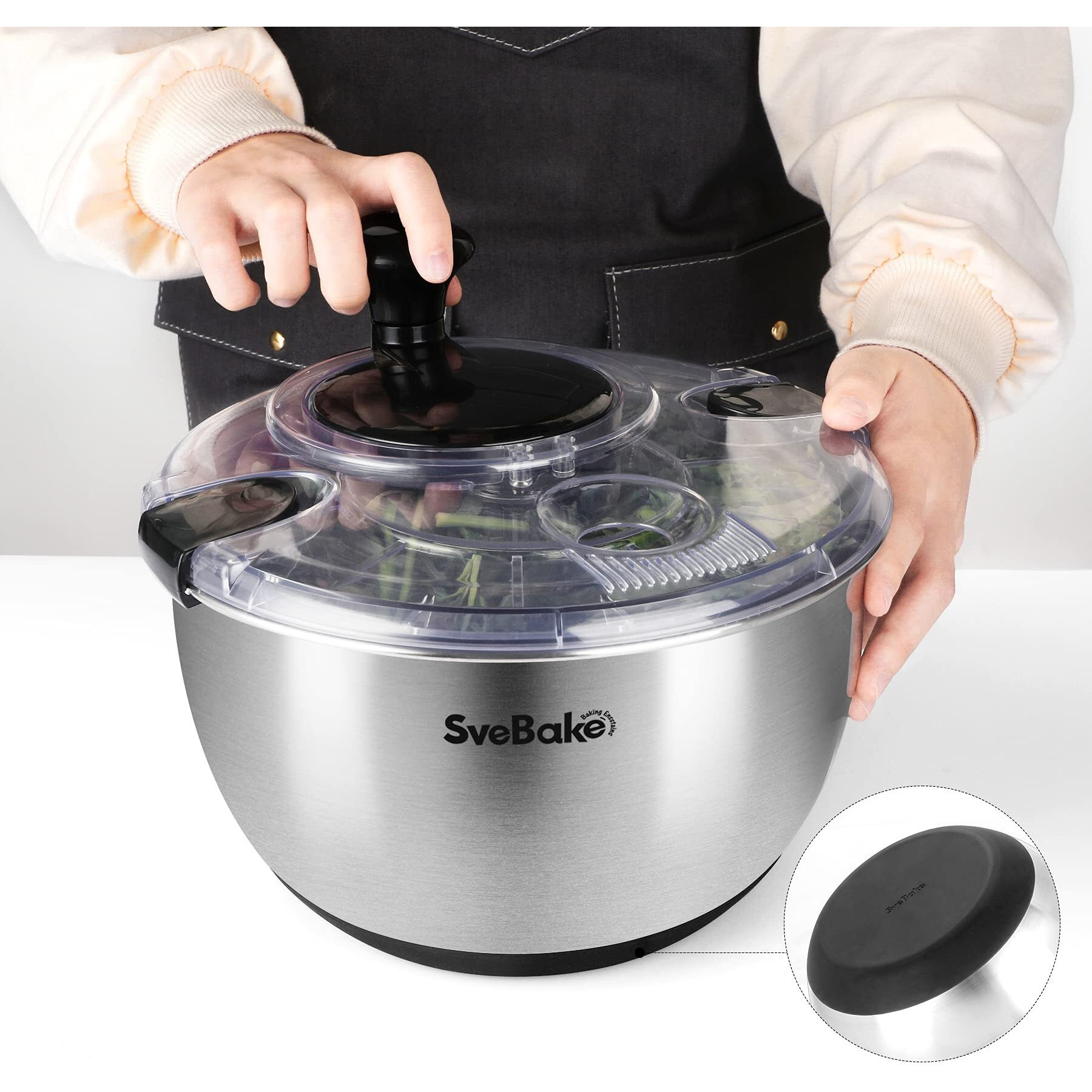 Svebake Stainless Steel Salad Spinner, 4.2 Qt Vegetable Washer, Bpa-Free Lettuce Dryer With Crank Design, Dishwasher Safe, Non-Slip Base - Transparent Lid