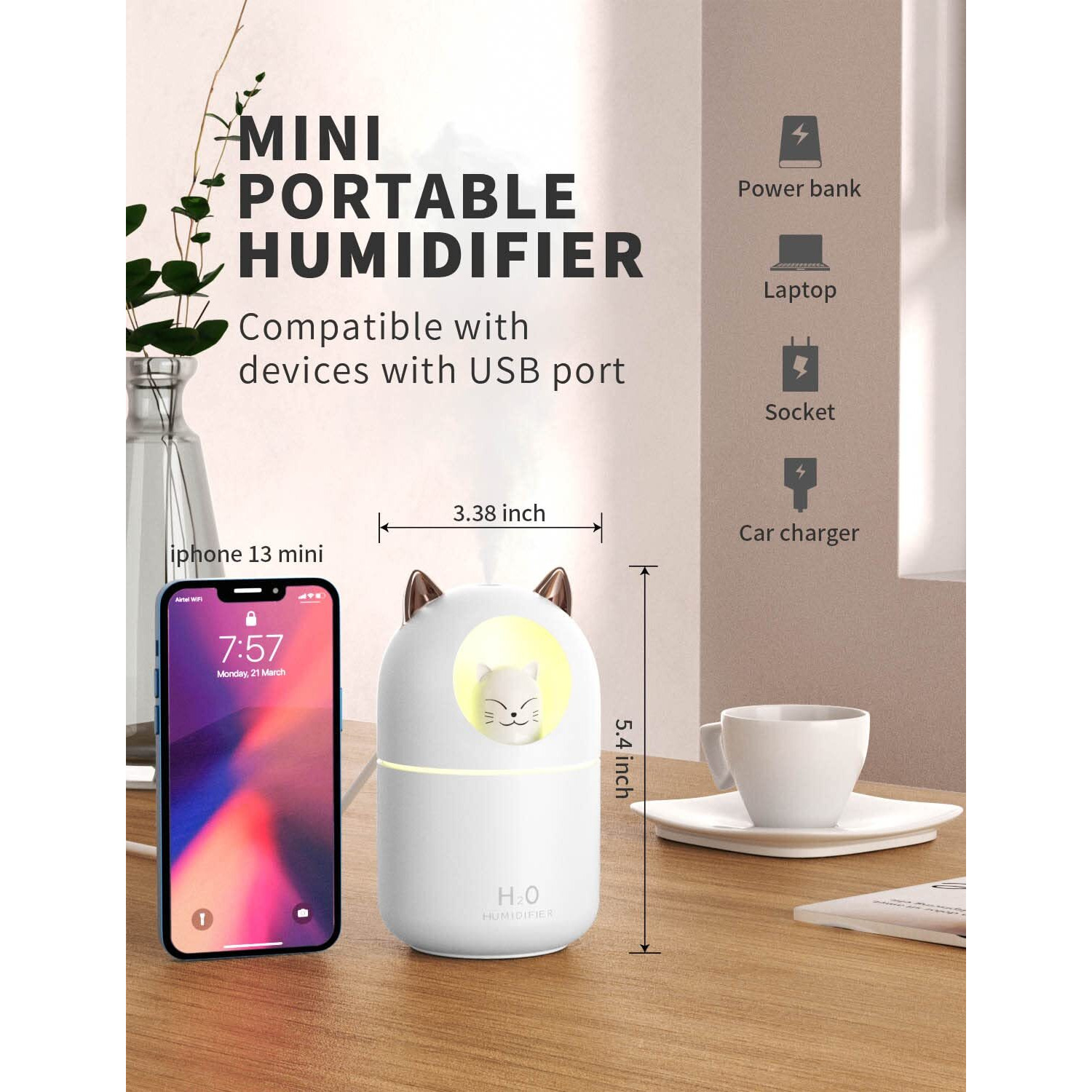 Cool Mist Humidifier,300Ml Mini Humidifiers With Night Light,Waterless Auto-Off Air Humidifier,20Db Quiet Humidifiers For Bedroom,Car, Plant. Perfect Gift For Girl Boy