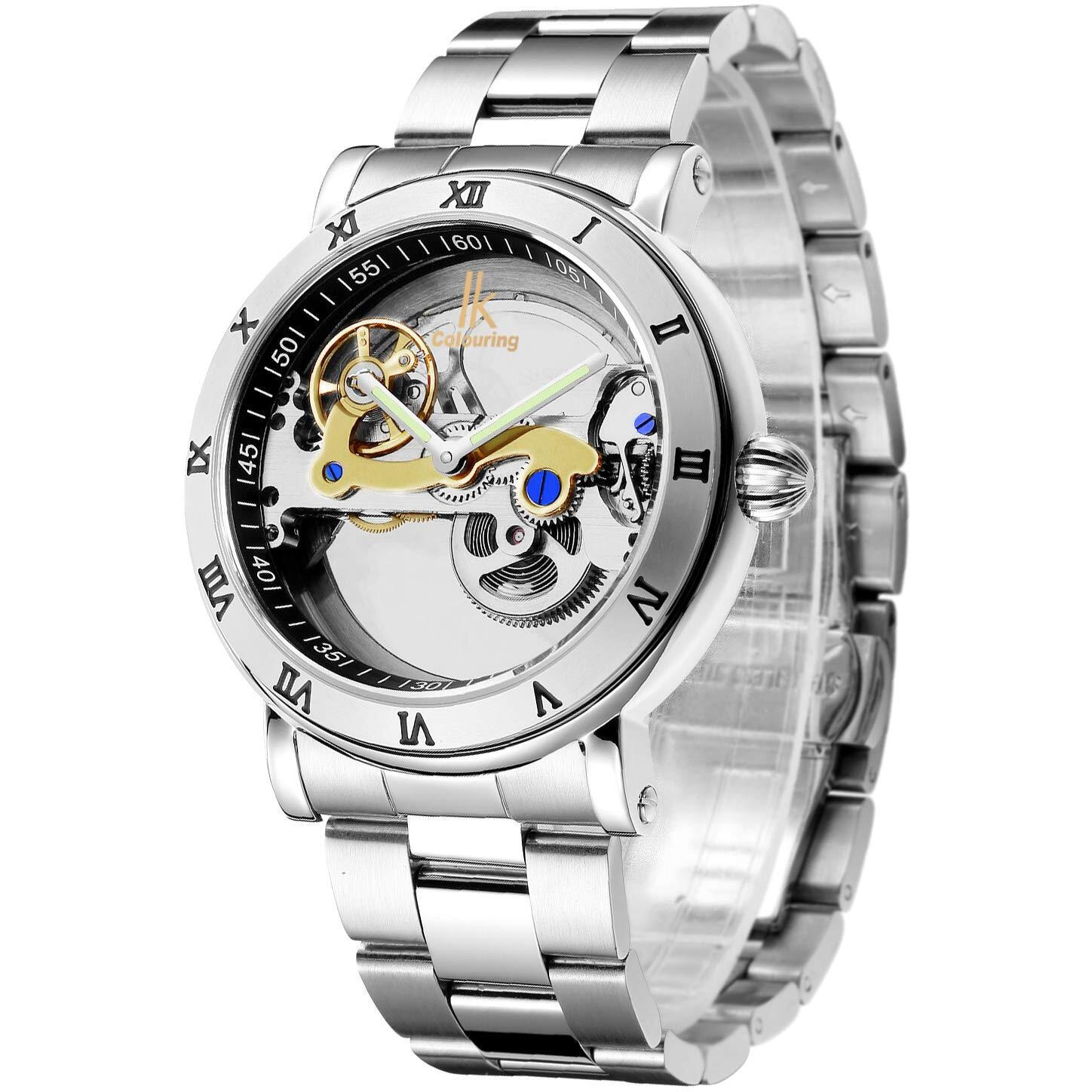 Gute Men's Watches, Mechanical Automatic Self-Winding Waterproof Watch, Luxury See Through Hollow-Out Minimalist Transparent Steampunk Roman Numerals Silver Case Wrist Watch