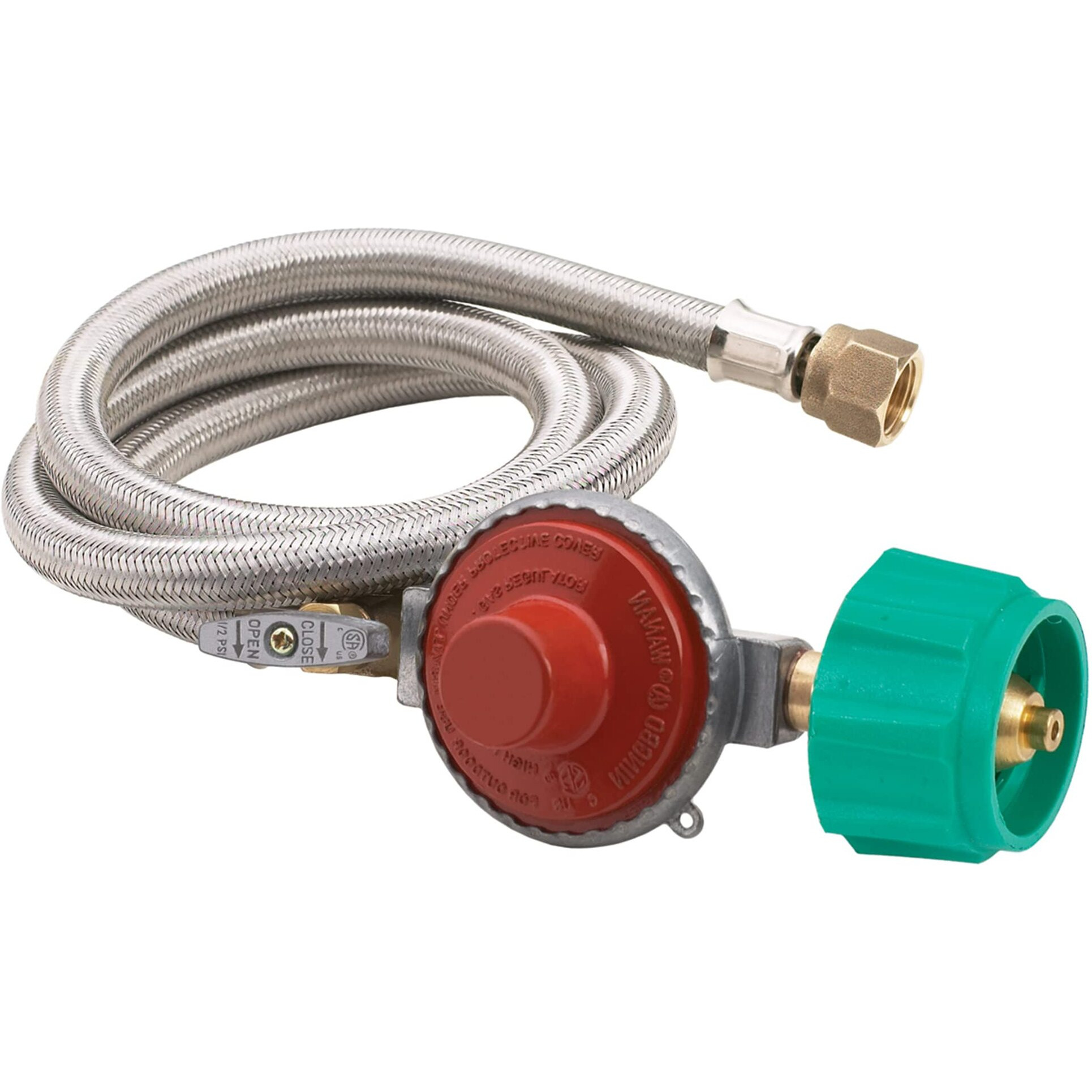 Bayou Classic M5Hpr-1 48-In Stainless Braided Lpg Hose W/ 10-Psi Adjustable High Pressure Regulator Features 3/8-In Flare Swivel Fitting Designed For Bayou Classic Cookers & Jet Cookers