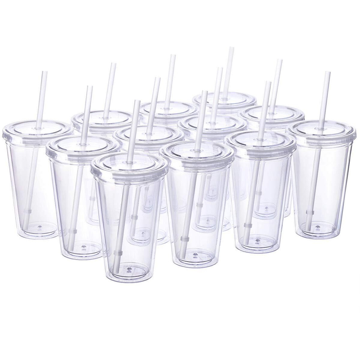 Cupture Classic 12 Insulated Double Wall Tumbler Cup With Lid, Reusable Straw & Hello Name Tags - 16 Oz, Bulk Pack (Clear)