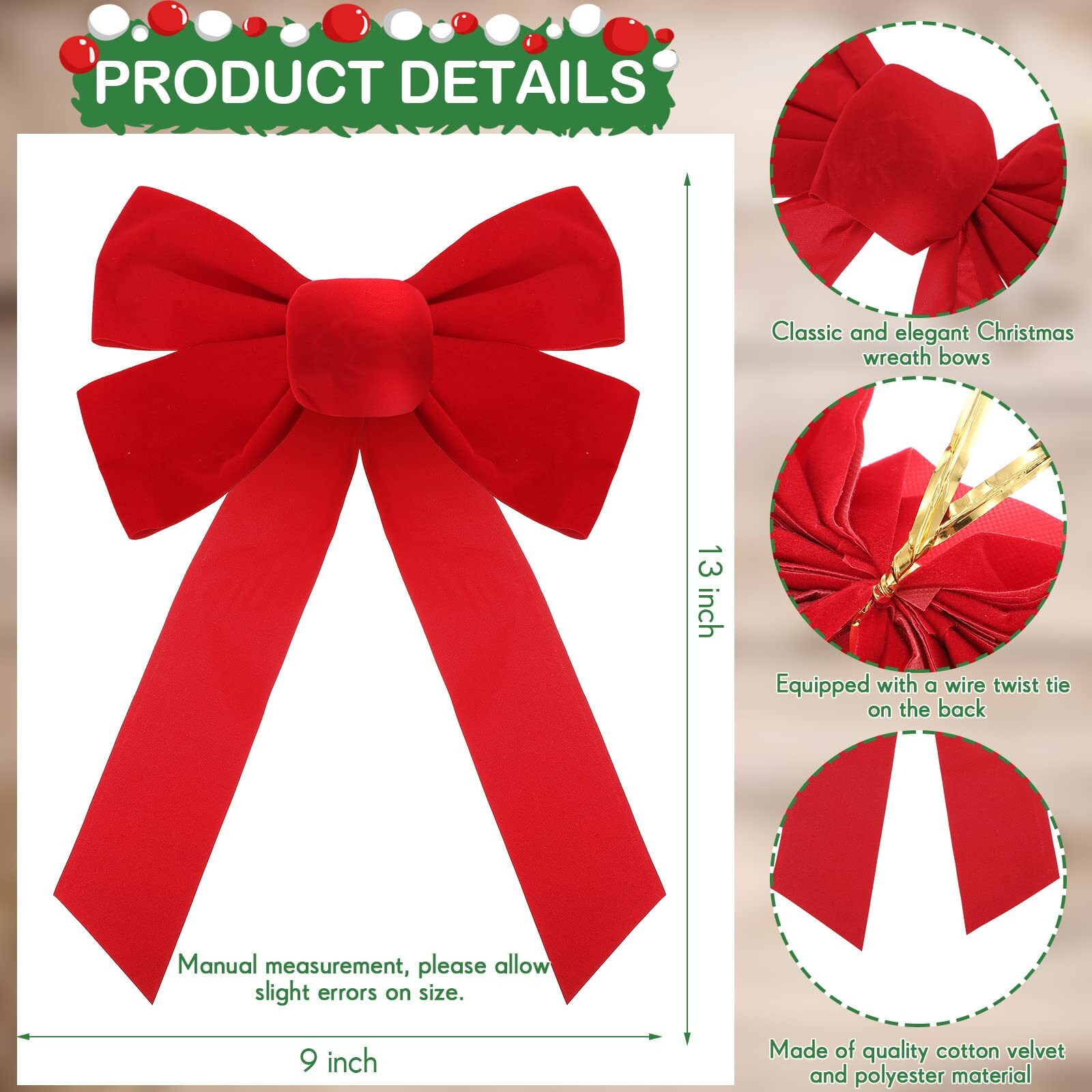 Janinka 50 Pcs Large Red Christmas Velvet Bow 13 "" X 9 "" Christmas Wreath Bows Xmas Tree Topper Giant Xmas Bow Ornament Rustic Vintage Ribbon Bows