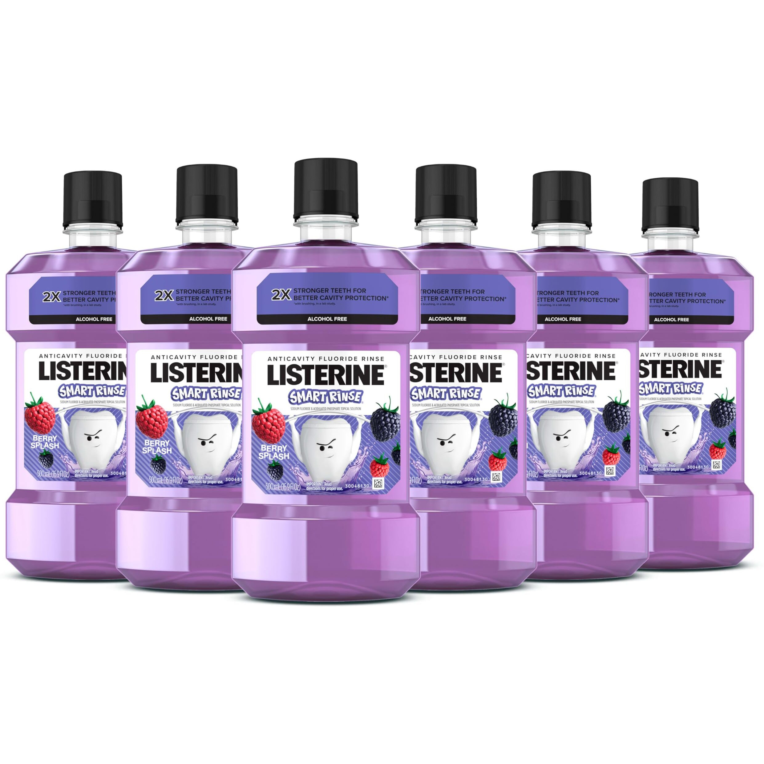 Listerine Smart Rinse Kids Mouthwash, Ada Accepted, Alcohol-Free Anticavity Fluoride Mouthwash, Oral Rinse For Cavity Protection, Berry Splash Flavor For Kids Oral Care, 500 Ml (Pack Of 6)