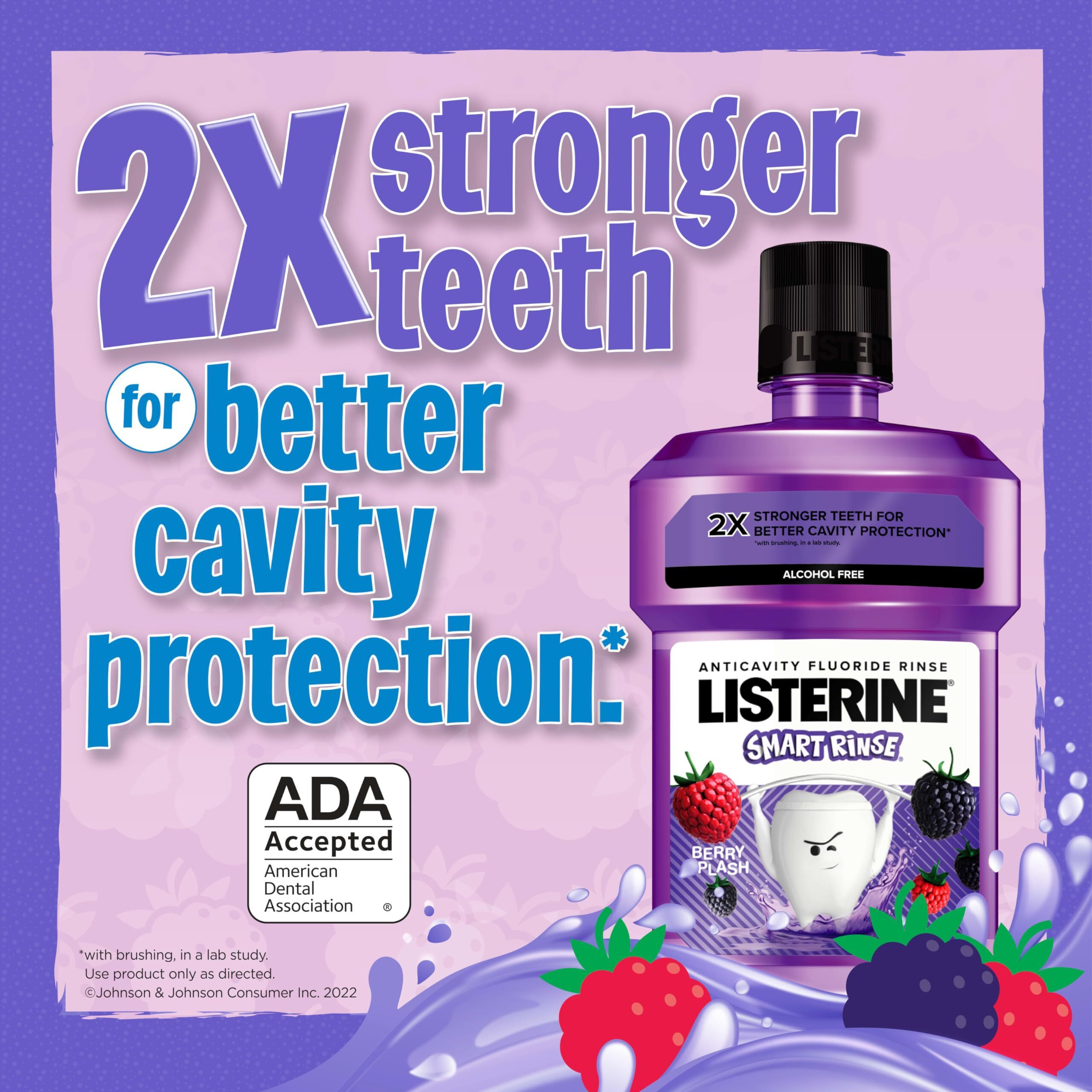Listerine Smart Rinse Kids Mouthwash, Ada Accepted, Alcohol-Free Anticavity Fluoride Mouthwash, Oral Rinse For Cavity Protection, Berry Splash Flavor For Kids Oral Care, 500 Ml (Pack Of 6)