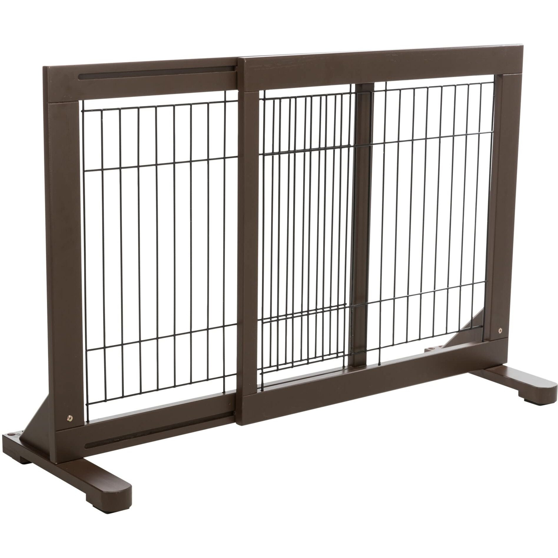 Freestanding Pet Gate, Wood And Wire, Lightweight, Adjustable Width, 24 In Height, Espresso Brown, Model Number 39454
