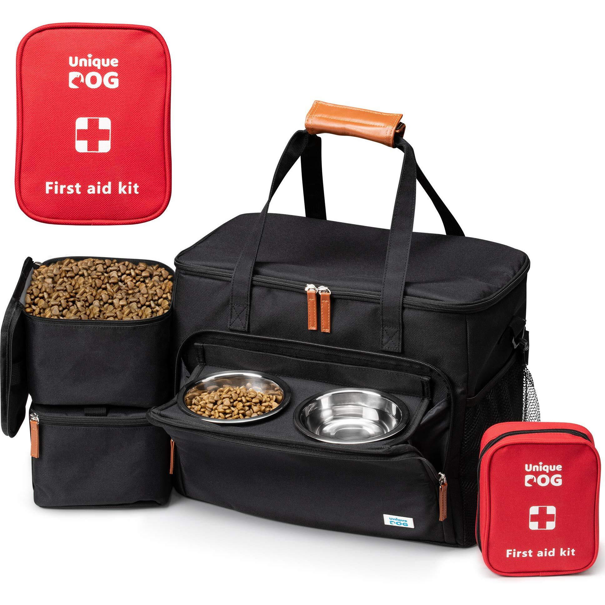 Unique Dog Travel Bag - Dog Traveling Luggage Set For Dogs Accessories - Include Pet First Aid Bag With Case Tags, Elevated Bowl Stand, 2X Food Storage Containers, 2X Dog Stainless Steel Bowls.