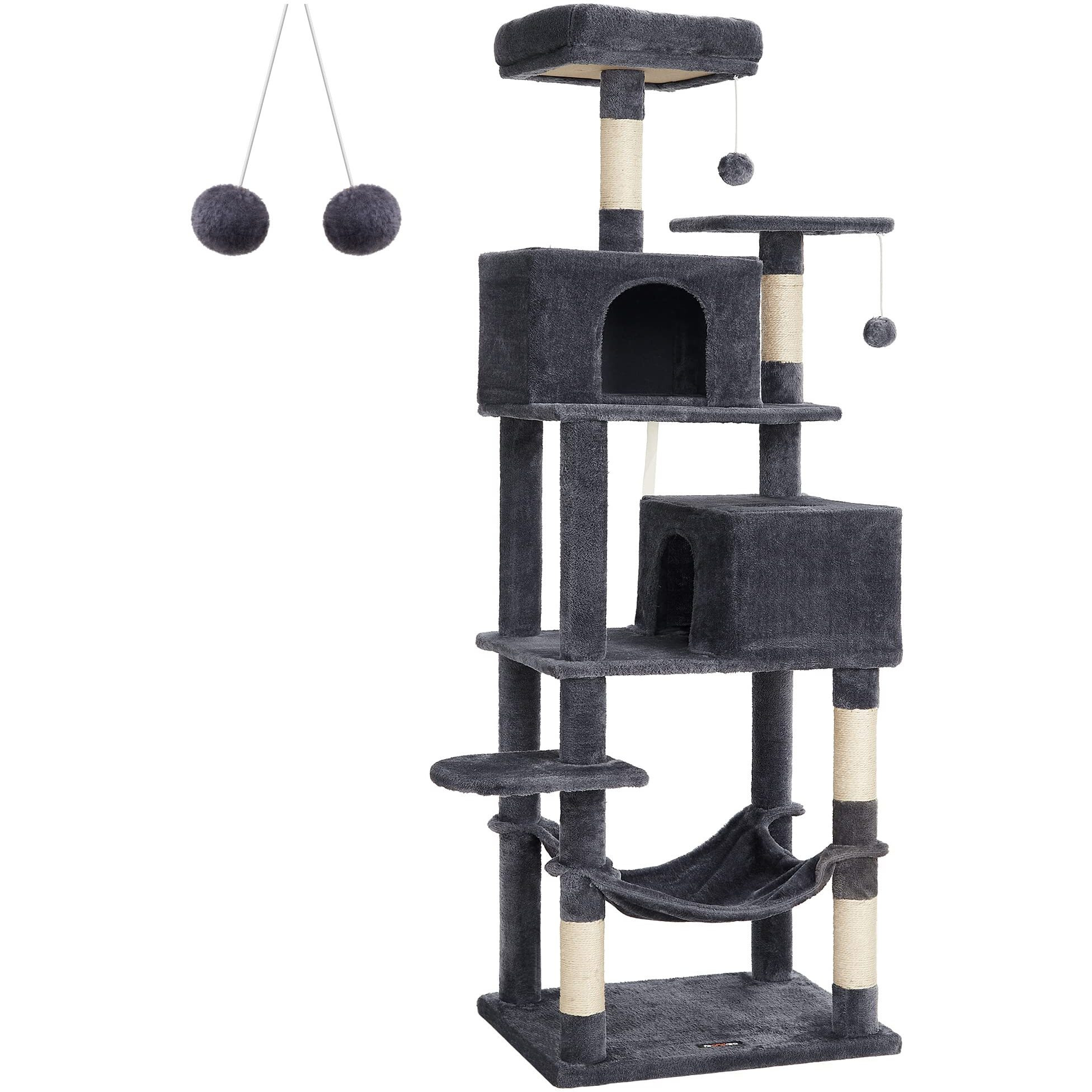 Feandrea Cat Tree, 75.2-Inch Cat Tower For Indoor Cats, Plush Multi-Level Cat Condo With 5 Scratching Posts, 2 Perches, 2 Caves, Hammock, 2 Pompoms, Smoky Gray Upct191G01