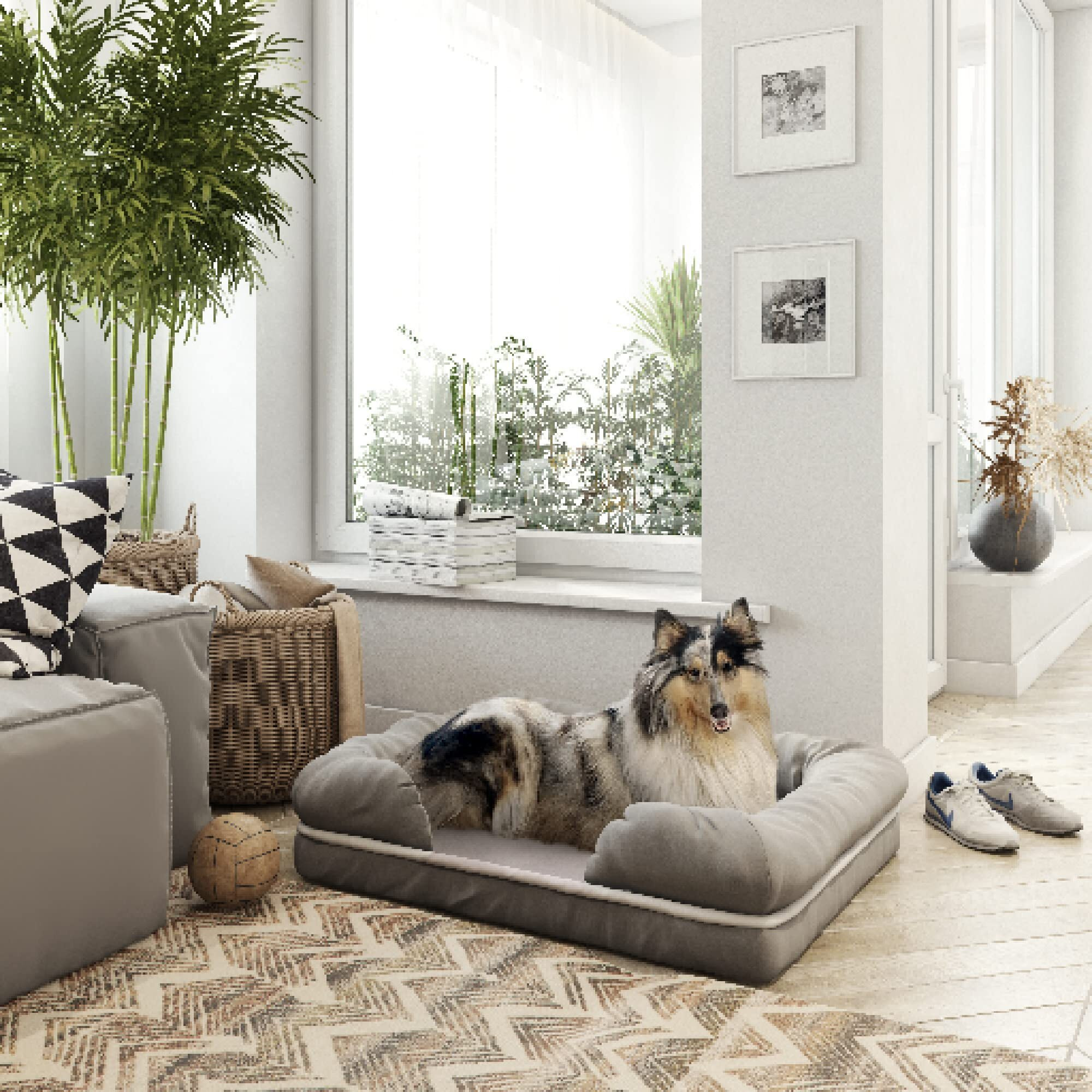 Classic Brands Ruff N' Roo Large Waterproof Bolster Cotton And Memory Foam Dog Bed With Non-Slip Bottom, Grey