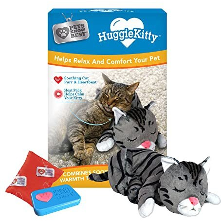 Pets Know Best Huggiekitty Cuddly Cat Toy, Soothing Sound & Warmth Help Relax & Comfort Your Pet- Purr & Heartbeat, Heating Pack- Grey