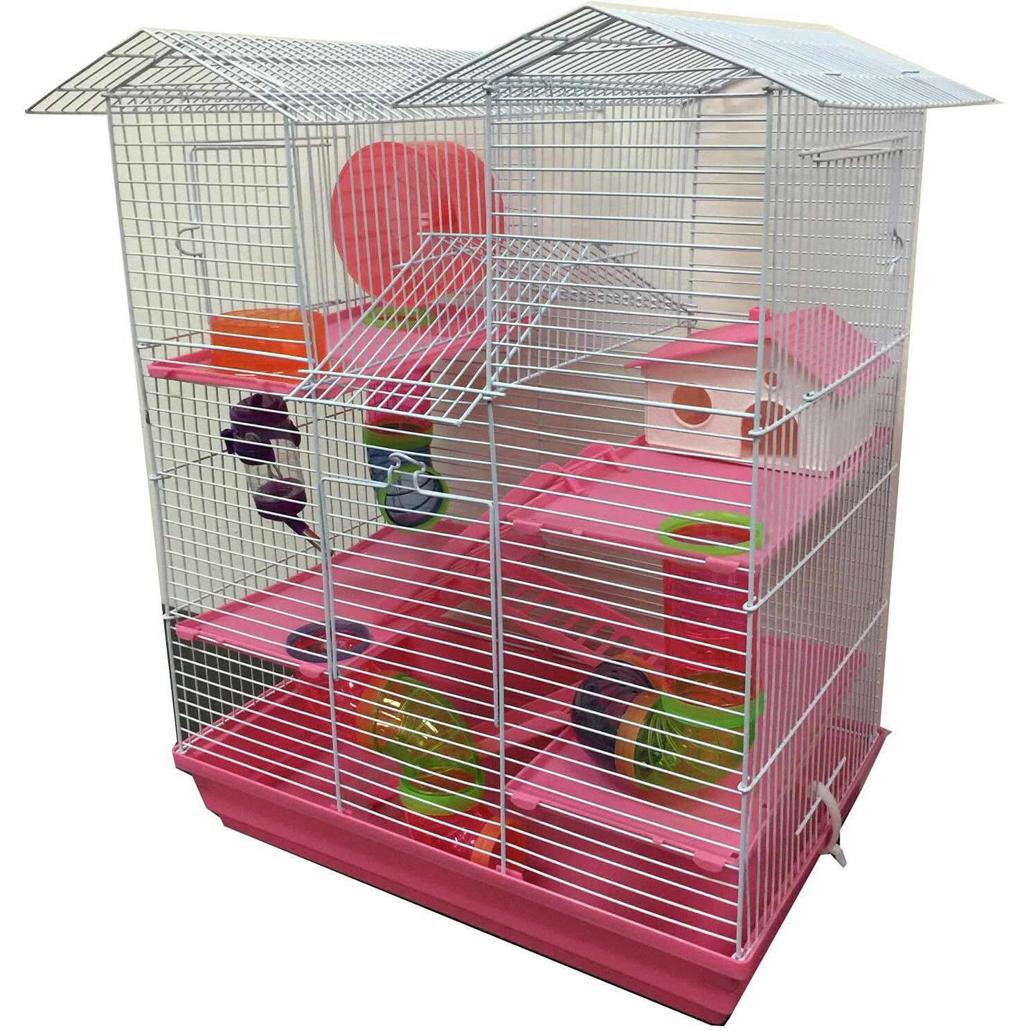 Large Multi-Level Twin Tower With Crossing Level Tube Syrian Hamster Habitat Rodent Gerbil Mouse Mice Rat Wire Animal Critters Cage (21 X 14 X 23 H Inches, Pink)