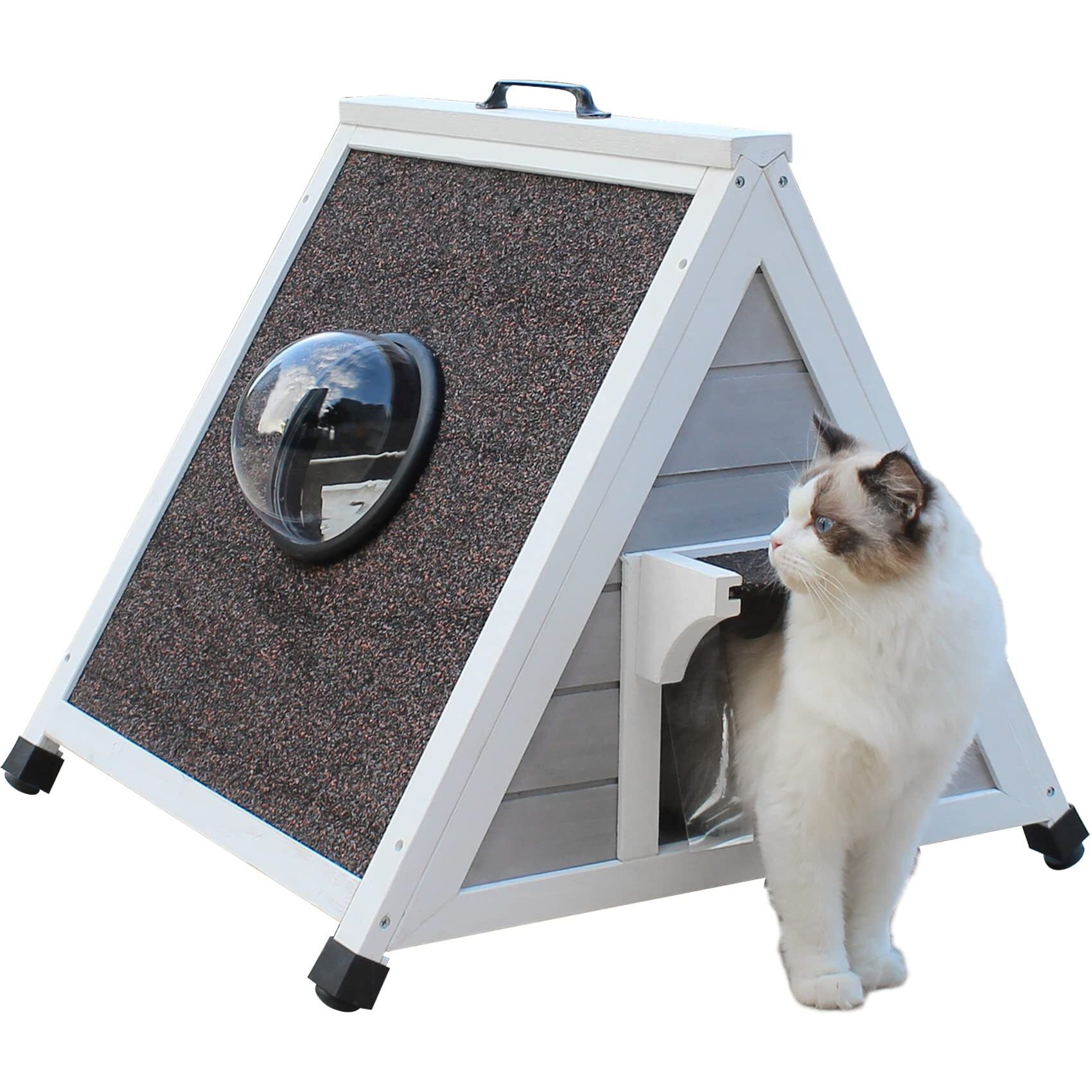 Deblue Weatherproof Outdoor Feral Cat House, Feral Cat House With Escape Door And Clear Window, Small Animal House And Habitats-Grey