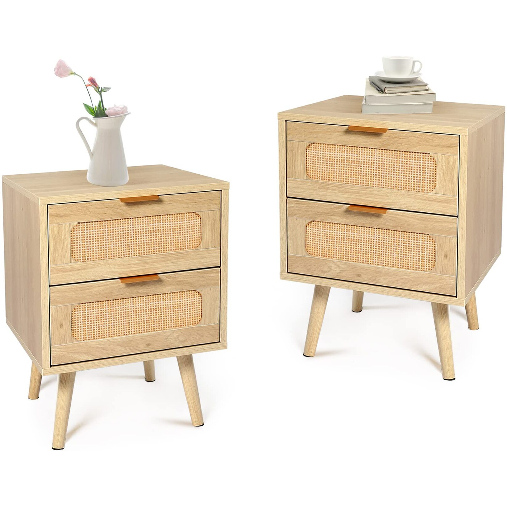 Hopubuy Nightstands Set Of 2 With Rattan Drawer, Modern Night Stand For Bedrooms, Wooden 2 Drawer Bedside Table Side Table For Small Place Living Room And Bedroom (Brown, 2 Drawers 2 Pack)