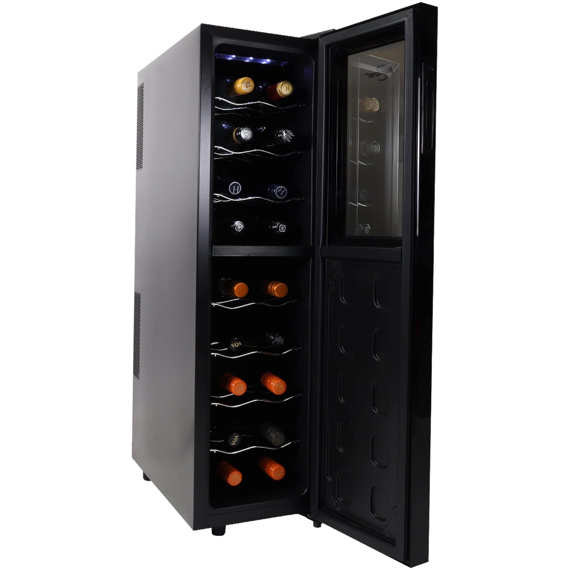 Koolatron 18 Bottle Slim Dual Zone Wine Cooler, Black Thermoelectric Wine Fridge, 1.9 Cu. Ft (53L) Freestanding Wine Cellar, Red, White, Sparkling Wine Storage For Home Bar, Kitchen, Apartment, Condo