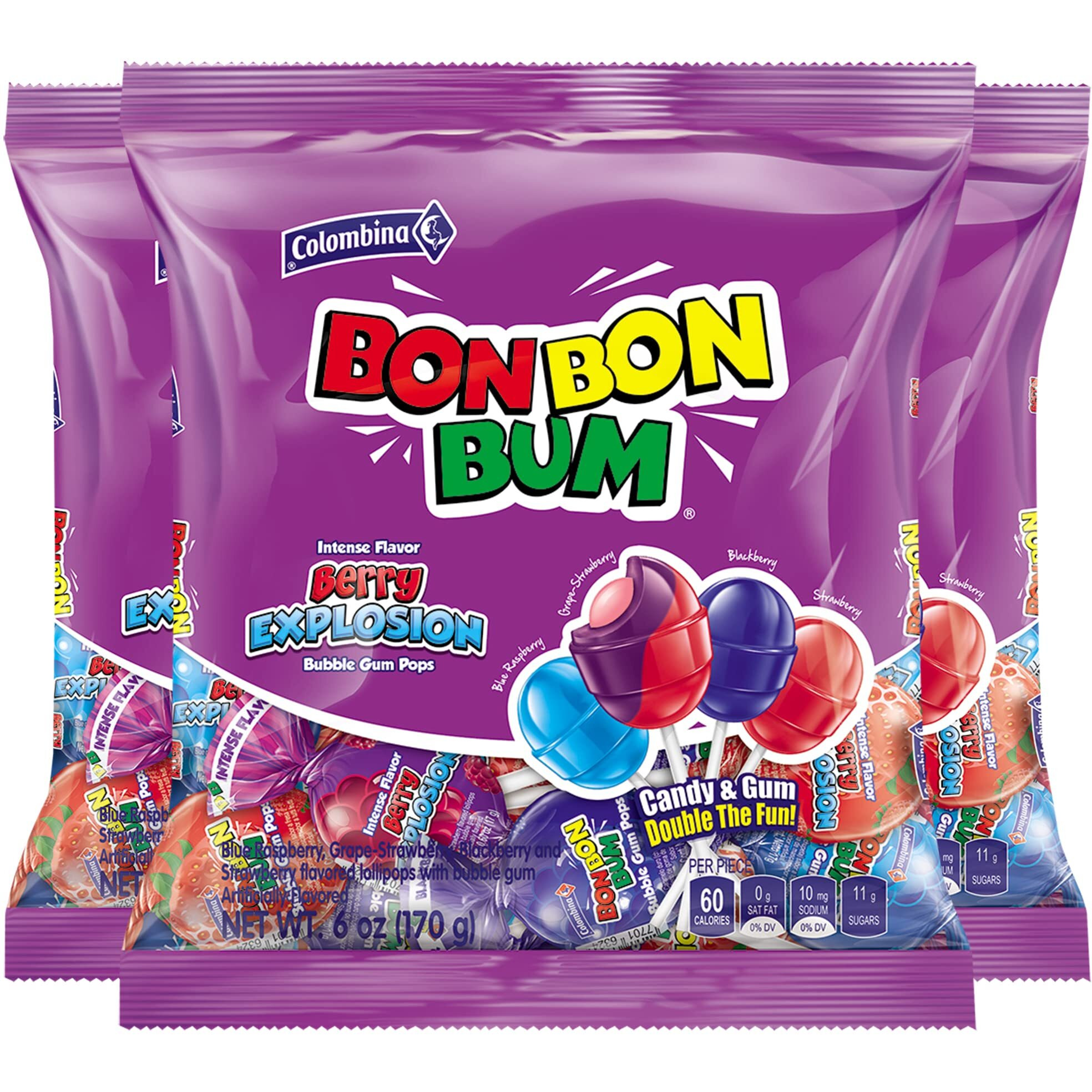 Colombina Bon Bon Bum Bubble Gum Lollipops Berry Explosion Flavor Bags Of 30