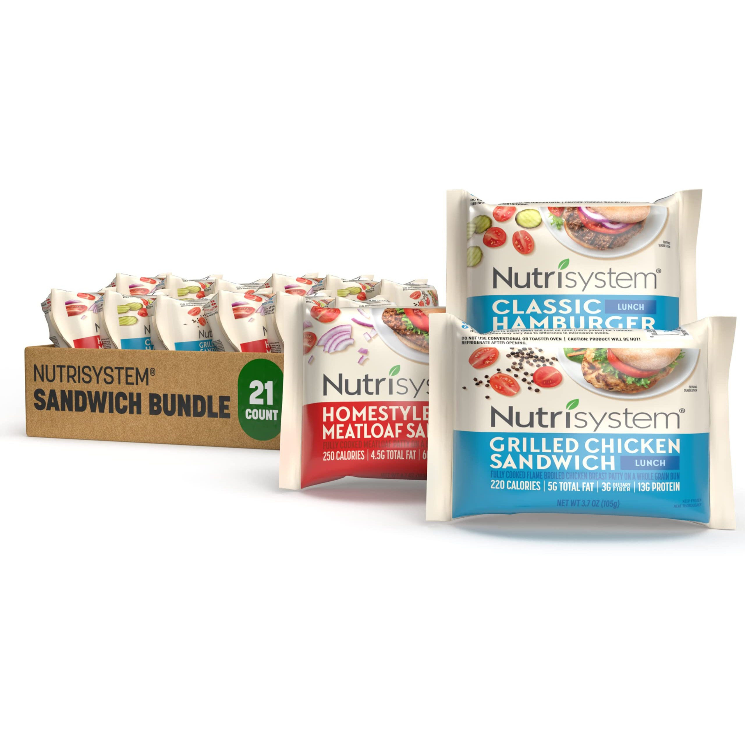 Nutrisystem Frozen Sandwich Bundle - Grilled Chicken Hamburger Meatloaf - Helps Support Healthy Weight Loss - 21 Count