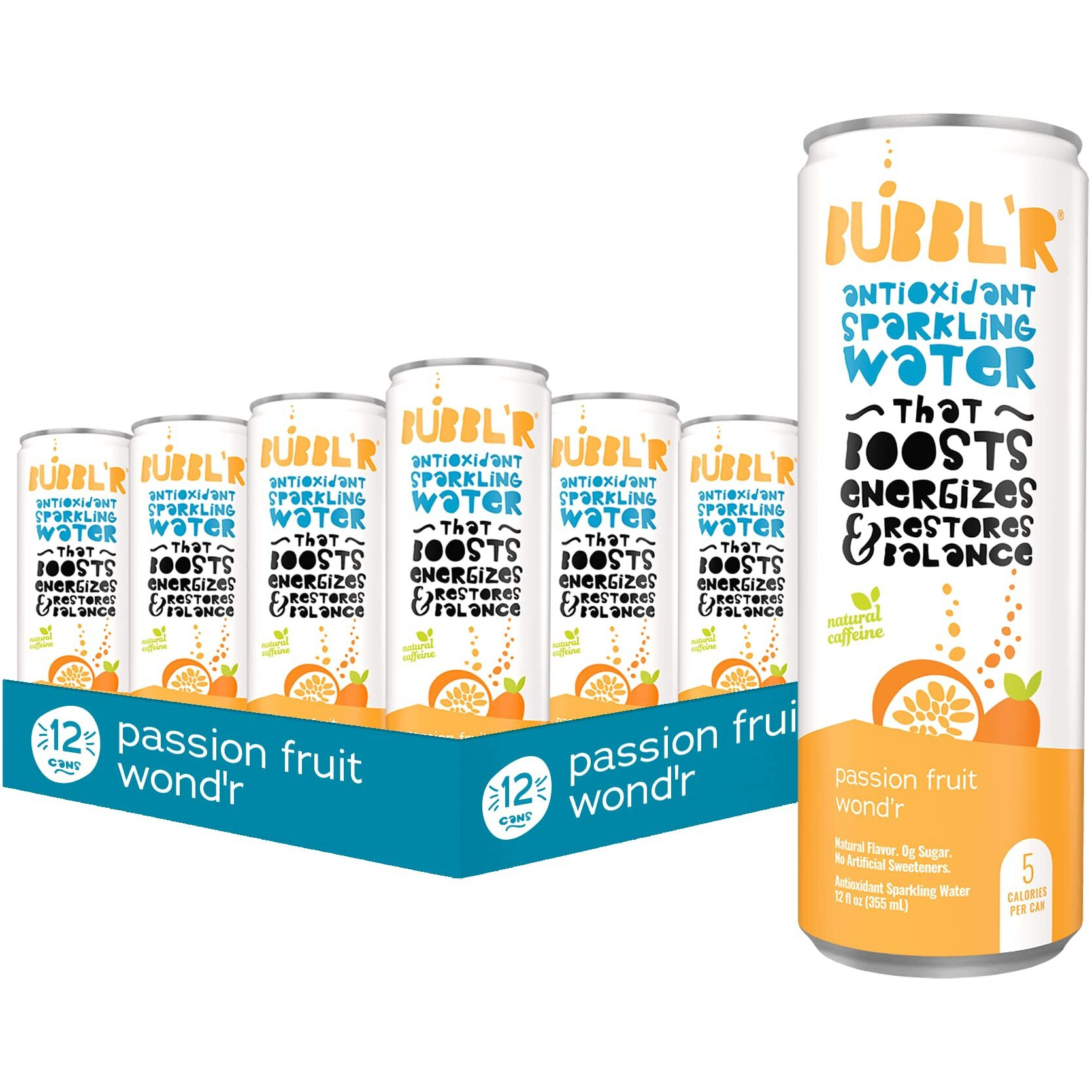 Bubblr Passion Fruit Wondr Antioxidant Sparkling Water With Natural Caffeine 0G Sugar Gluten Free All Natural Flavors 12 Fl Oz Cans 12 Count