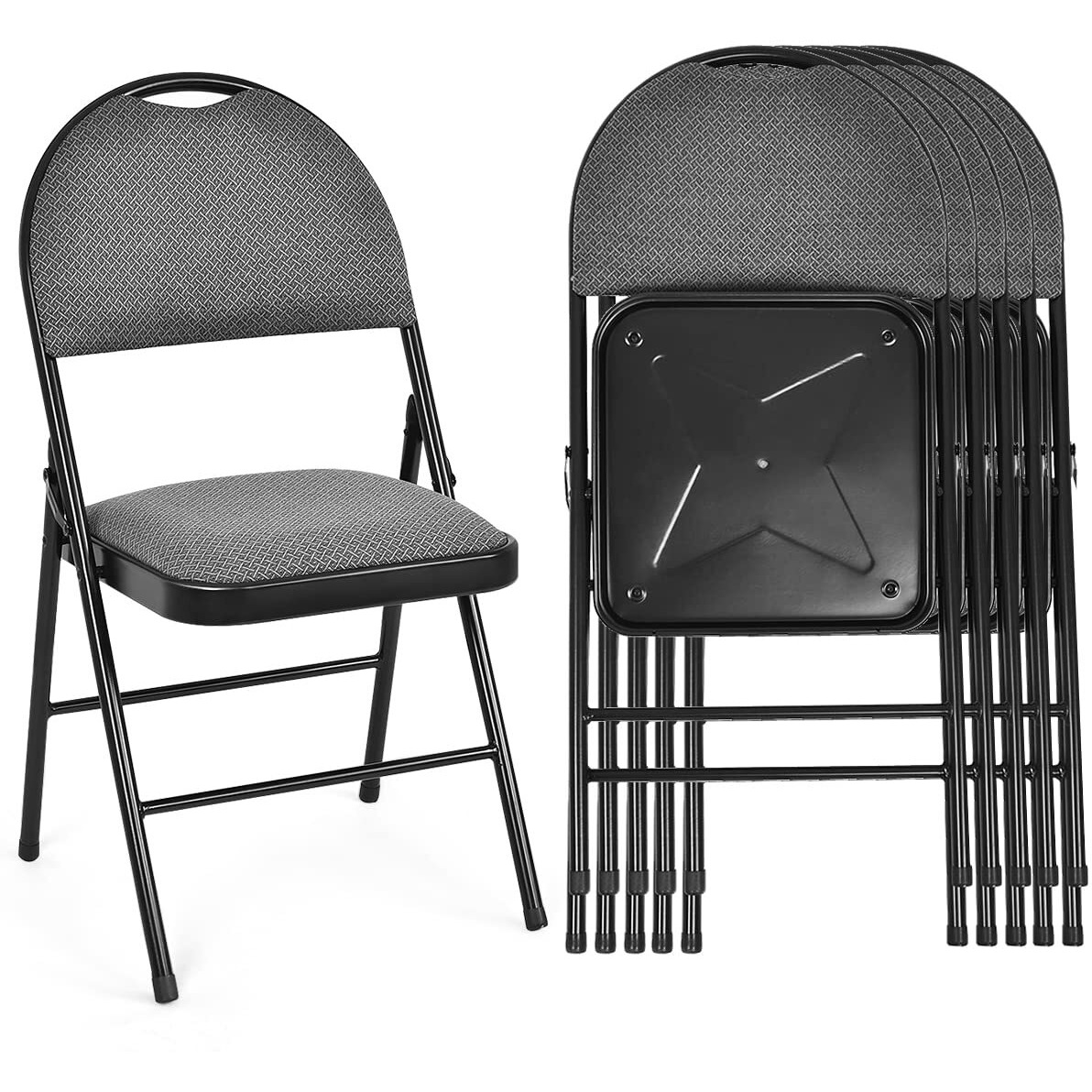 Arlime 6 Pcs Folding Chairs W/Padded Seats, Padded Folding Chair W/Handle Hole, Upholstered Seat, Steel Frame, Folding Chair For Home, Church, School, Office, Wedding Party, Courtyard Use, Grey