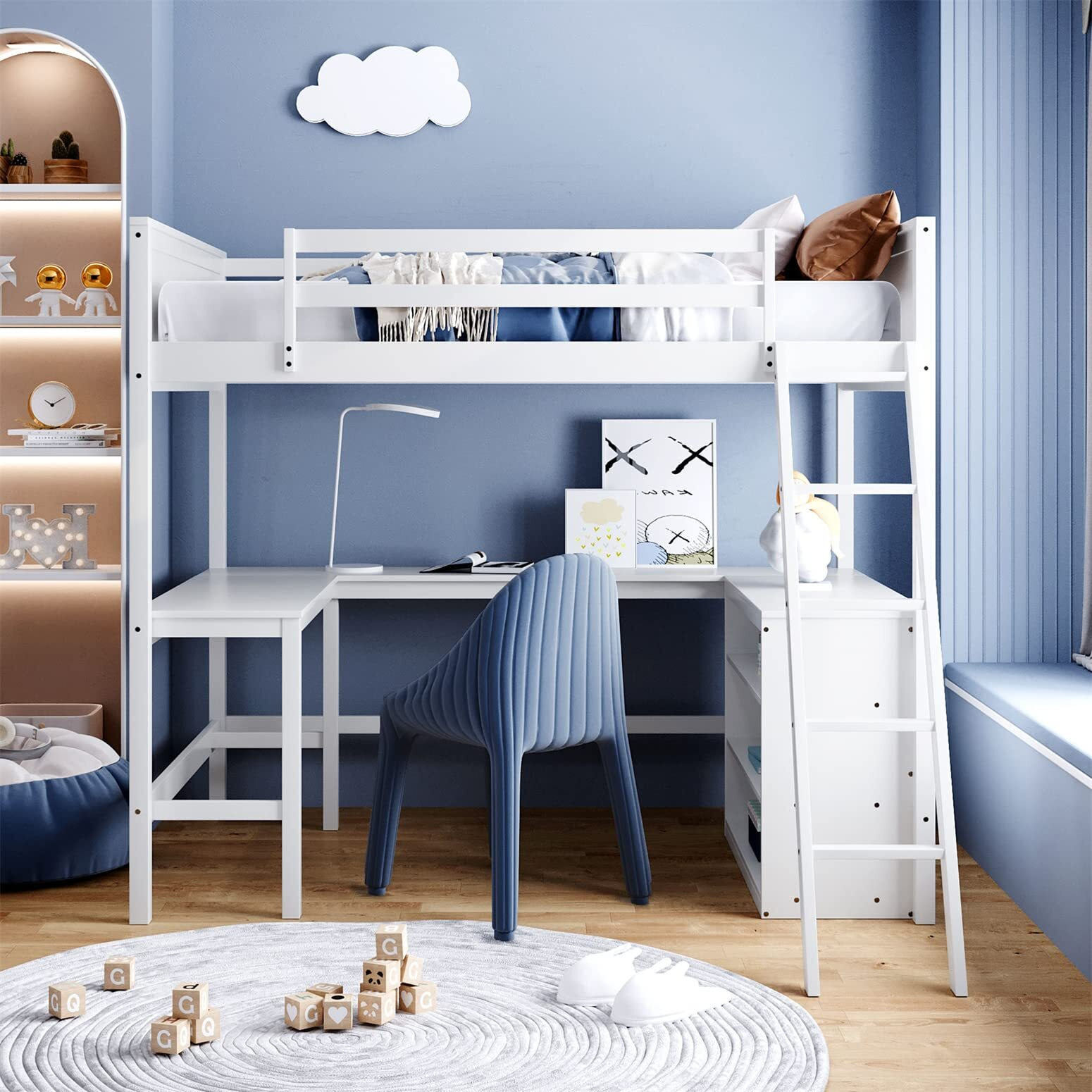 Full Loft Bed With Desk And Storage Shelves Bookcase Wood High Frame For Dorm, Size Beds Kids Adults Boys Girls Teens, White