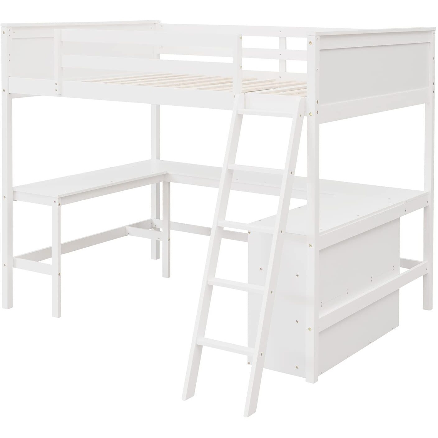 Full Loft Bed With Desk And Storage Shelves Bookcase Wood High Frame For Dorm, Size Beds Kids Adults Boys Girls Teens, White