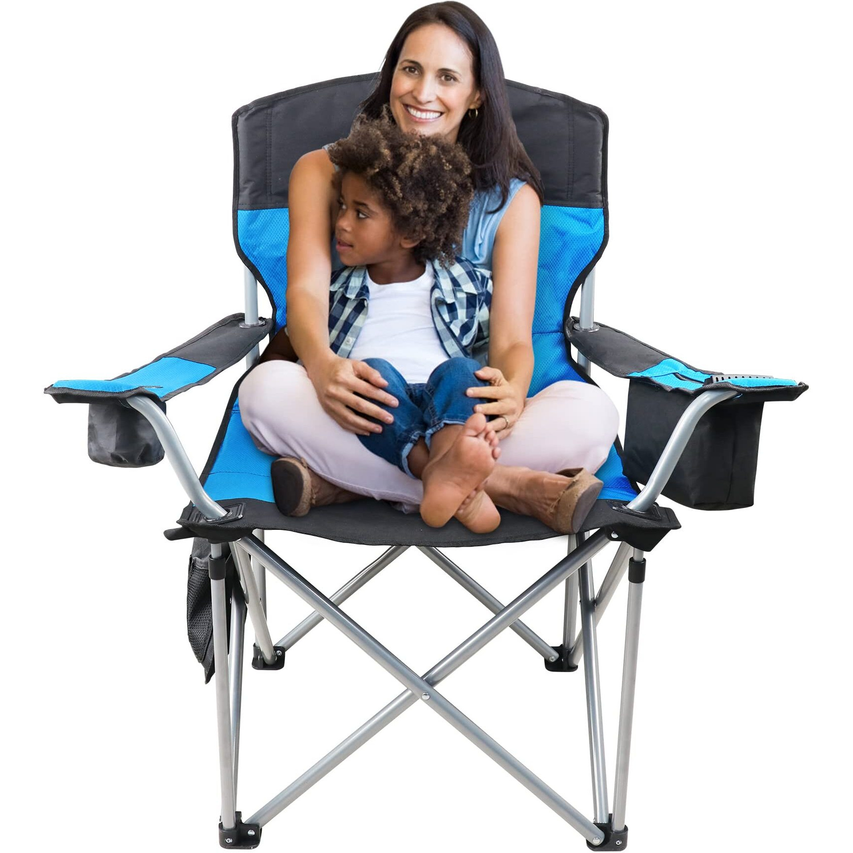 Oversized Camping Chairs For Adults Heavy Duty, 500Lbs Heavy Duty Beach Chairs For Adults, Folding Chair With Cooler Bag & Cup Holder, Side Pocket, Blue & Black