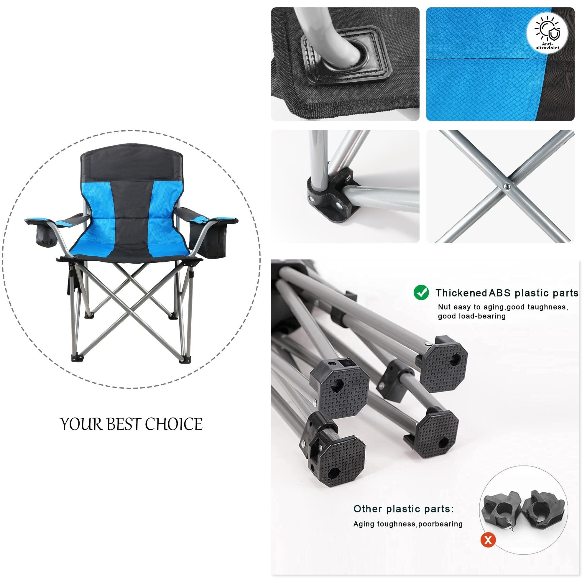 Oversized Camping Chairs For Adults Heavy Duty, 500Lbs Heavy Duty Beach Chairs For Adults, Folding Chair With Cooler Bag & Cup Holder, Side Pocket, Blue & Black