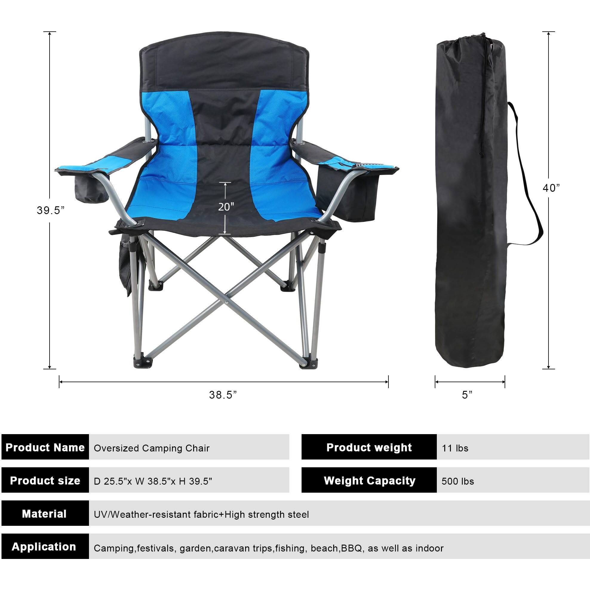 Oversized Camping Chairs For Adults Heavy Duty, 500Lbs Heavy Duty Beach Chairs For Adults, Folding Chair With Cooler Bag & Cup Holder, Side Pocket, Blue & Black