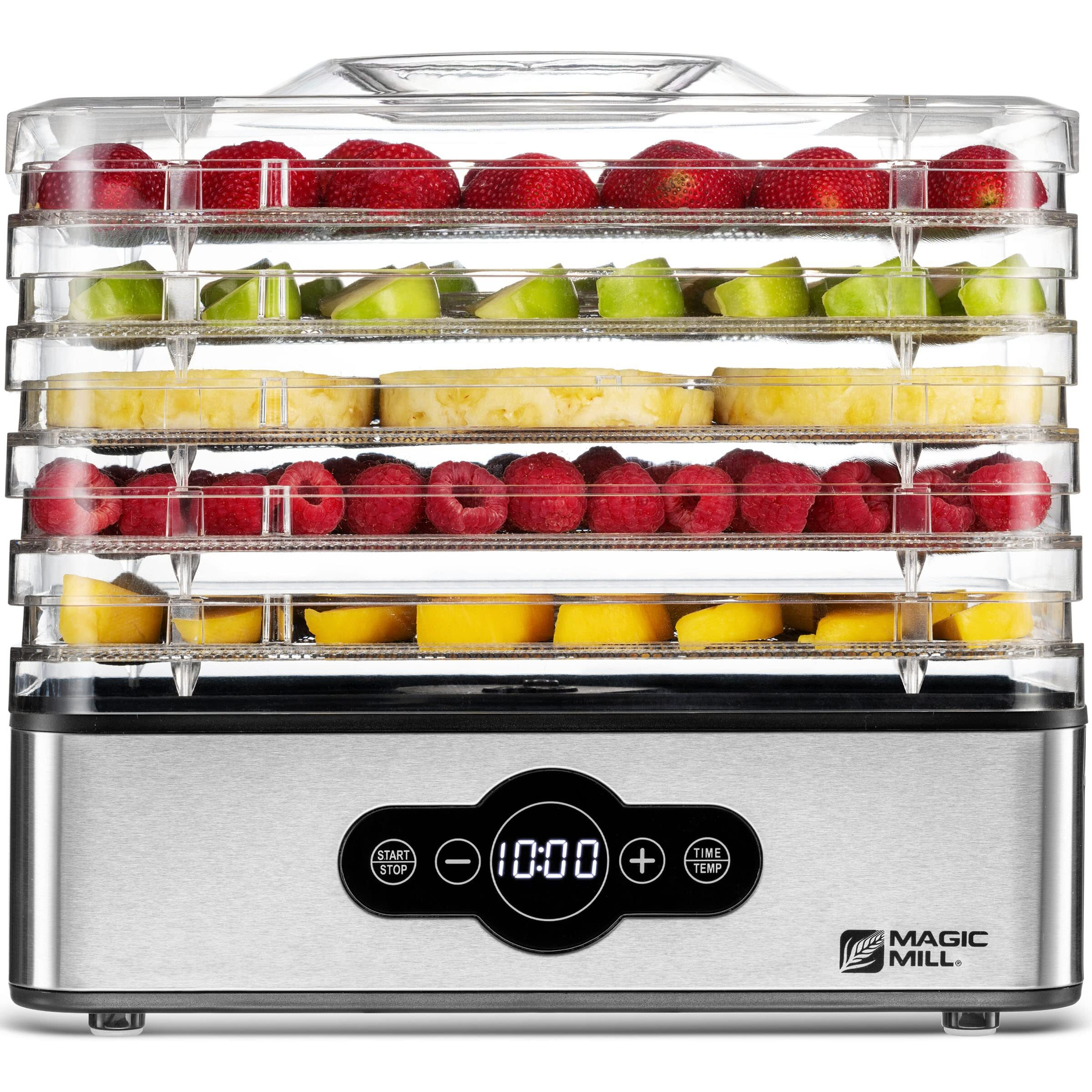 Magic Mill Food Dehydrator Machine | 5 Stackable Stainless Steel Trays Jerky Dryer With Digital Adjustable Timer And Temperature Control - Electric Food Preserver Machine With Powerful Drying Capacity For Fruits, Veggies, Meats & Dog Treats (5 Stainless Steel Trays) (Stainless Steel Trays)