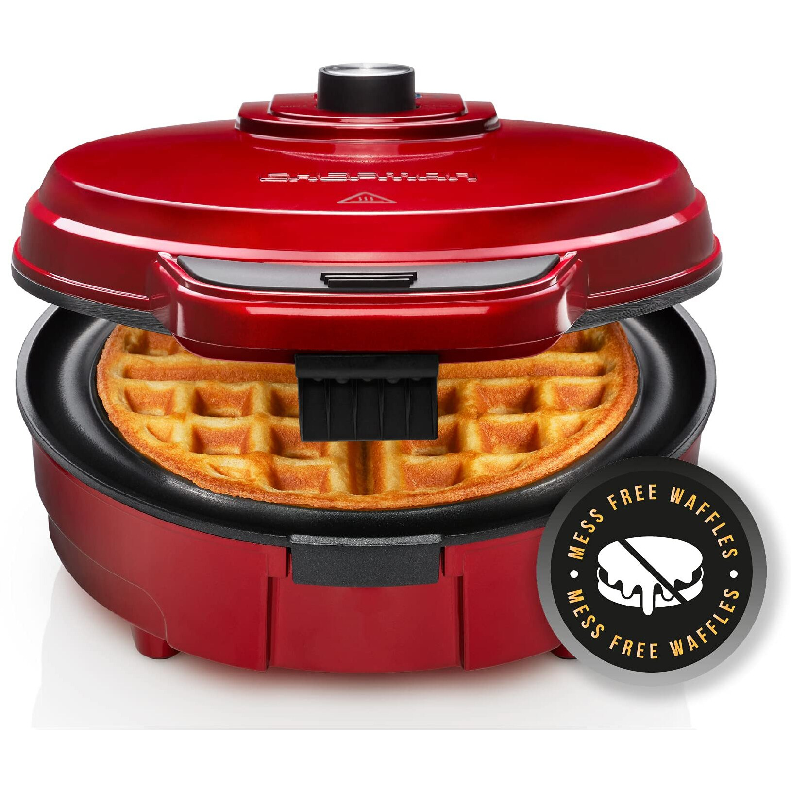 Chefman Anti-Overflow Belgian Waffle Maker W/Shade Selector, Temperature Control Mess Free Moat, Round Iron W/Nonstick Plates & Cool Touch Handle, Measuring Cup Included, Red