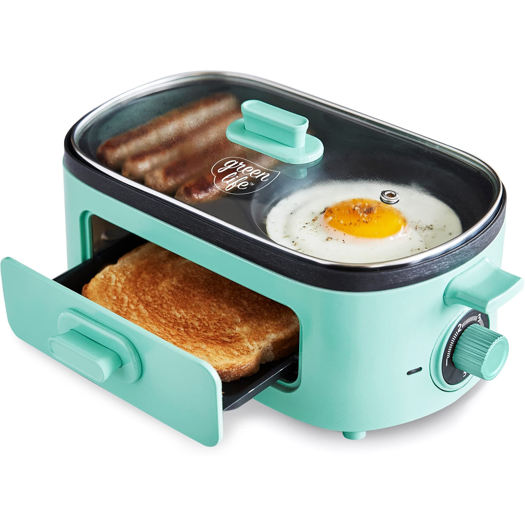 Greenlife 3-In-1 Breakfast Maker Station, Healthy Ceramic Nonstick Dual Griddles For Eggs Meat And Pancakes, 2 Slice Toast Drawer, Easy-To-Use Timer, Turquoise