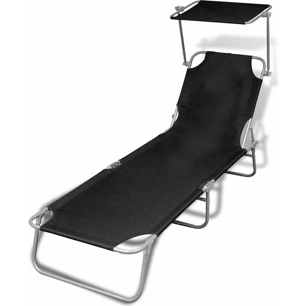 Vidaxl Folding Sun Lounger With Canopy Steel And Fabric Black