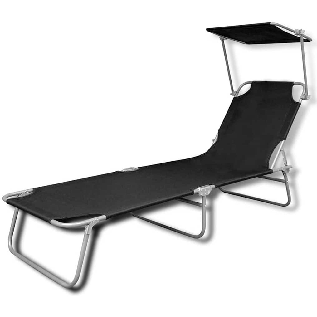 Vidaxl Folding Sun Lounger With Canopy Steel And Fabric Black