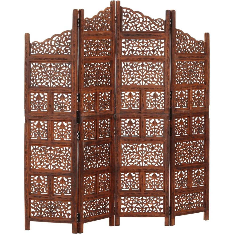 Vidaxl Hand Carved 4-Panel Room Divider Brown 63"&quotX65"" Solid Mango Wood