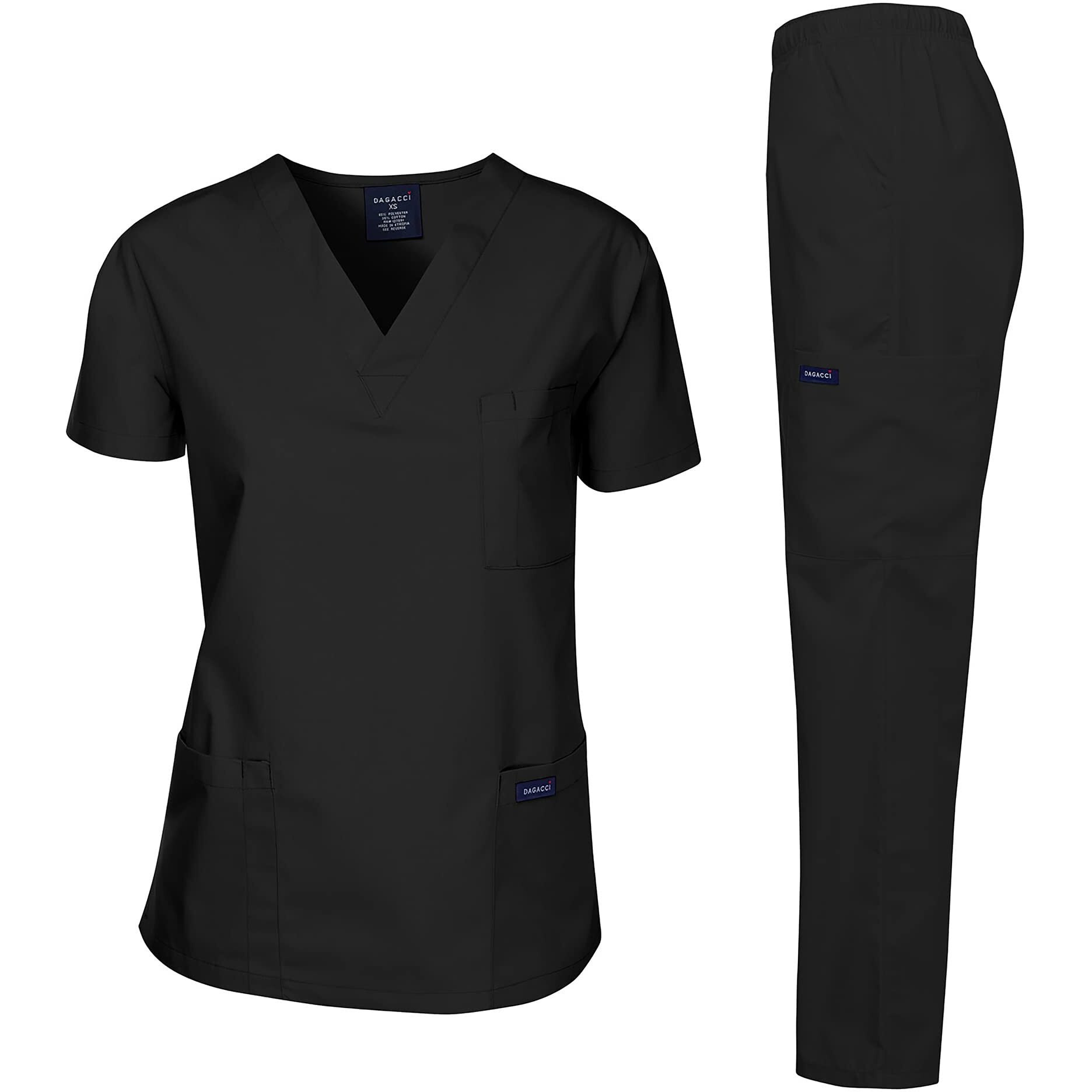 Dagacci Medical Uniform Woman And Man Scrub Set Unisex Medical Scrub Top And Pant, Black, Xxl