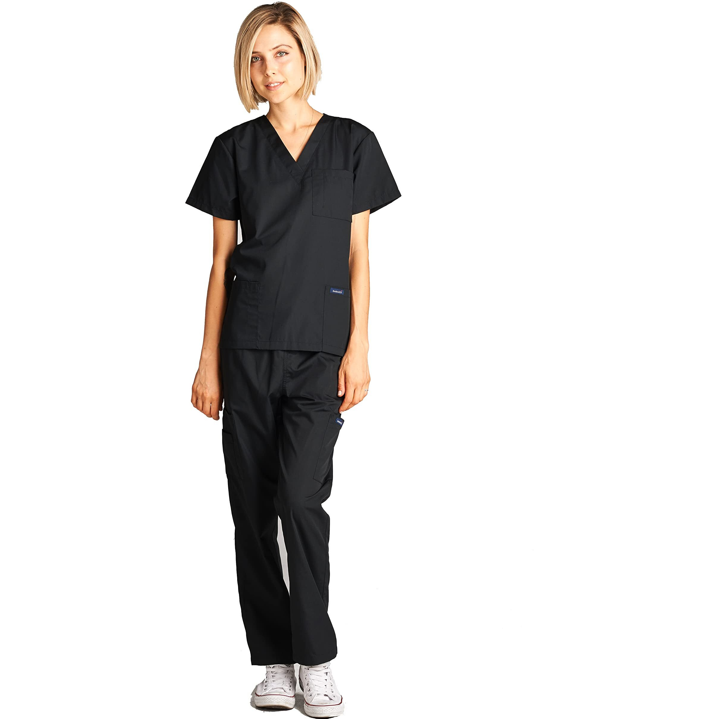 Dagacci Medical Uniform Woman And Man Scrub Set Unisex Medical Scrub Top And Pant, Black, Xxl
