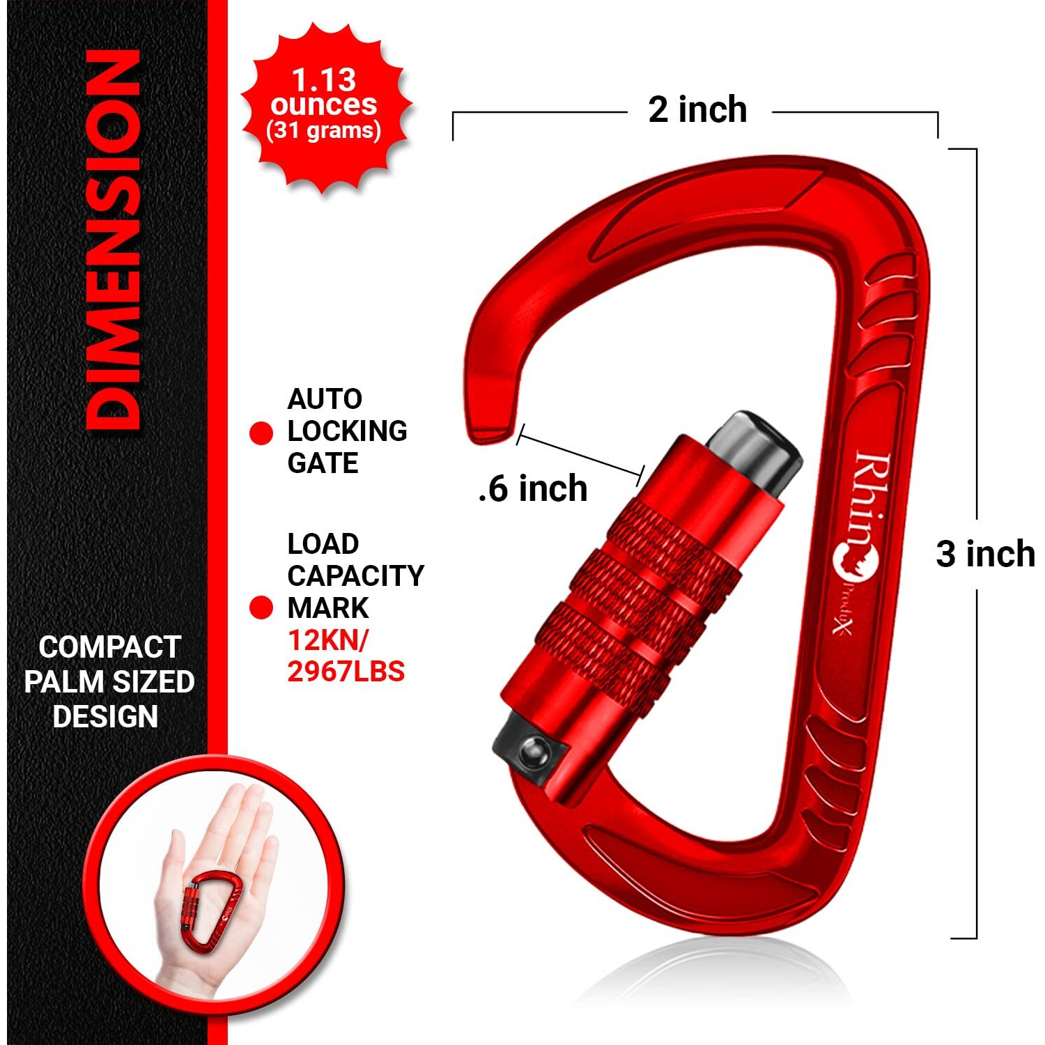 Rhino Produxs 2Pcs Of 12Kn (2697 Lbs) Heavy Duty Lightweight Locking Carabiner Or Auto Locking Carabiner Clips, For Securing Pets, Outdoor, Camping, Hiking, Hammock, Dog Leash Harness, Keychains, Gym