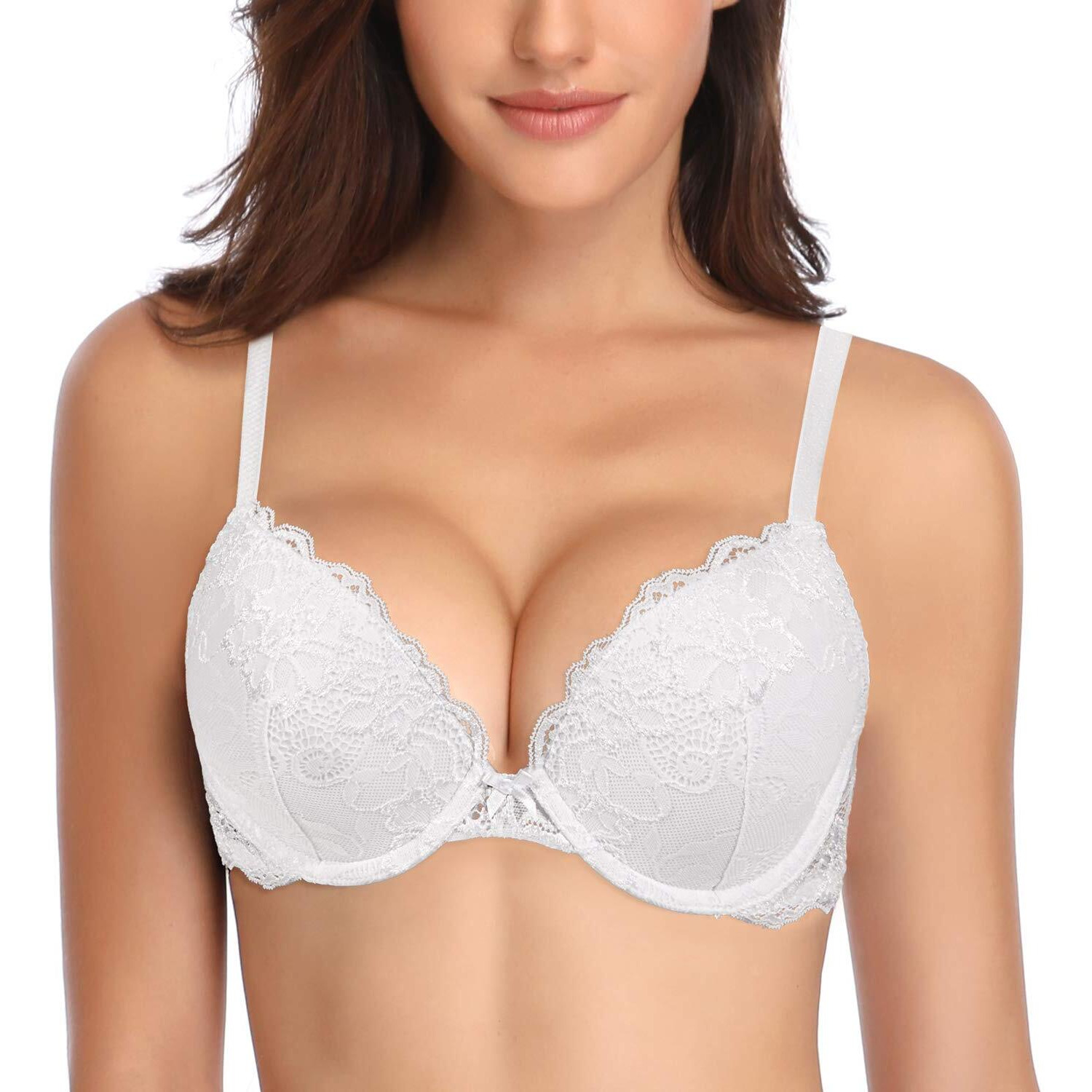 Deyllo Womens Push Up Lace Bra Comfort Padded Underwire Bra Lift Up Add One Cup(White,38D)