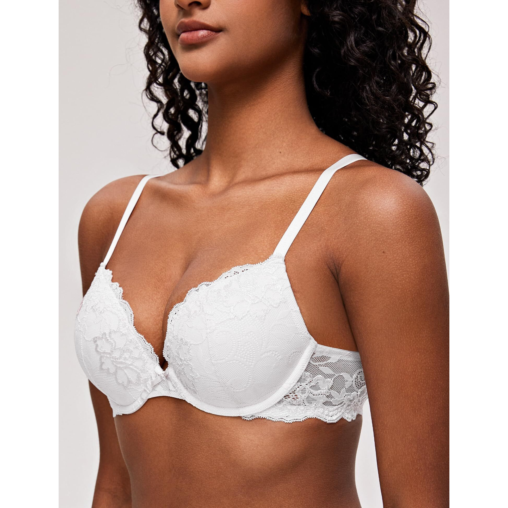 Deyllo Womens Push Up Lace Bra Comfort Padded Underwire Bra Lift Up Add One Cup(White,38D)