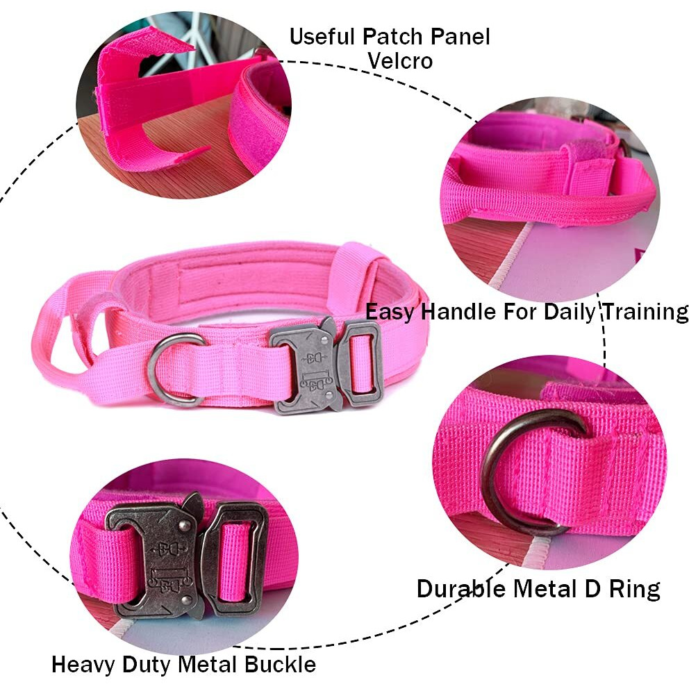 Xqpetlihai Tactical Dog Collar Adjustable Military Nylon Dog Collar With Control Handle And Heavy Duty Metal Buckle For Medium And Large Dogs (Pink,M)