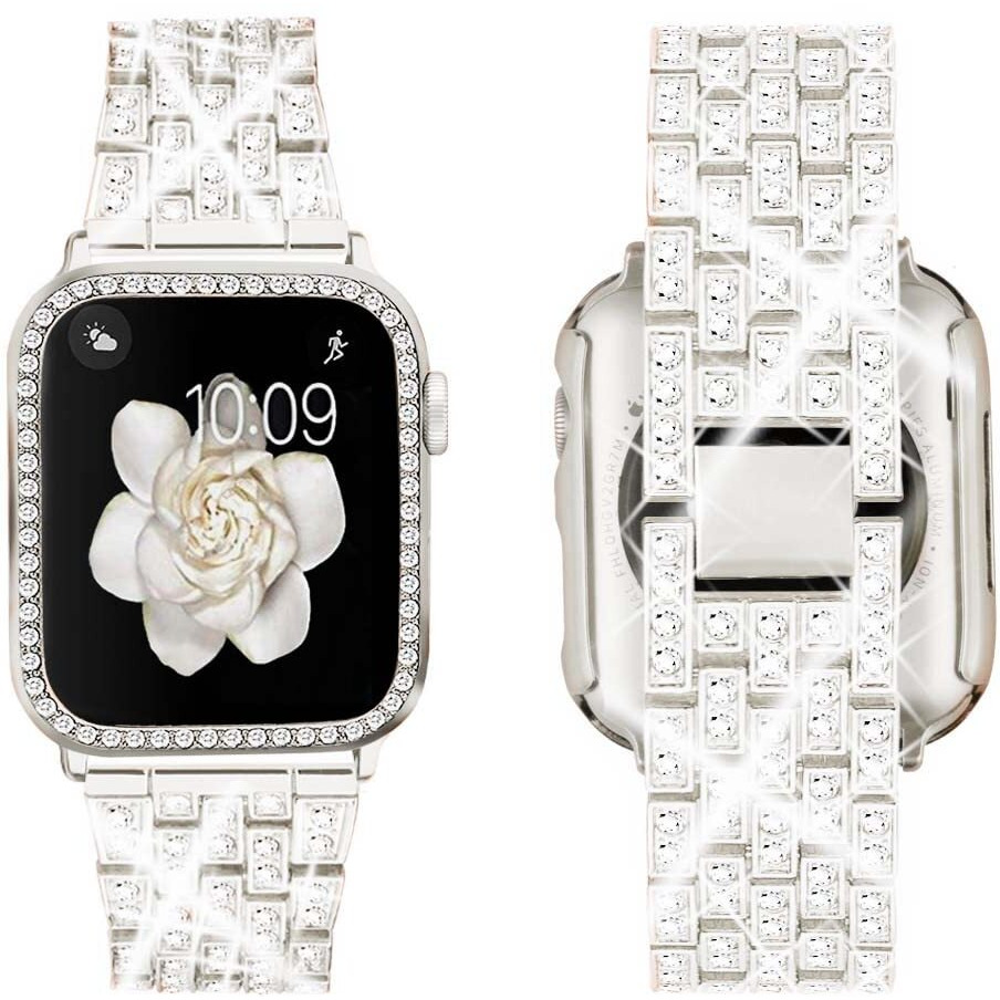 Supoix Compatible With Apple Watch Band 41Mm + Case, Women Jewelry Bling Diamond Rhinestone Replacement Metal Strap &Soft Tpu Protector Case For Iwatch Series 8/7(Starlight)