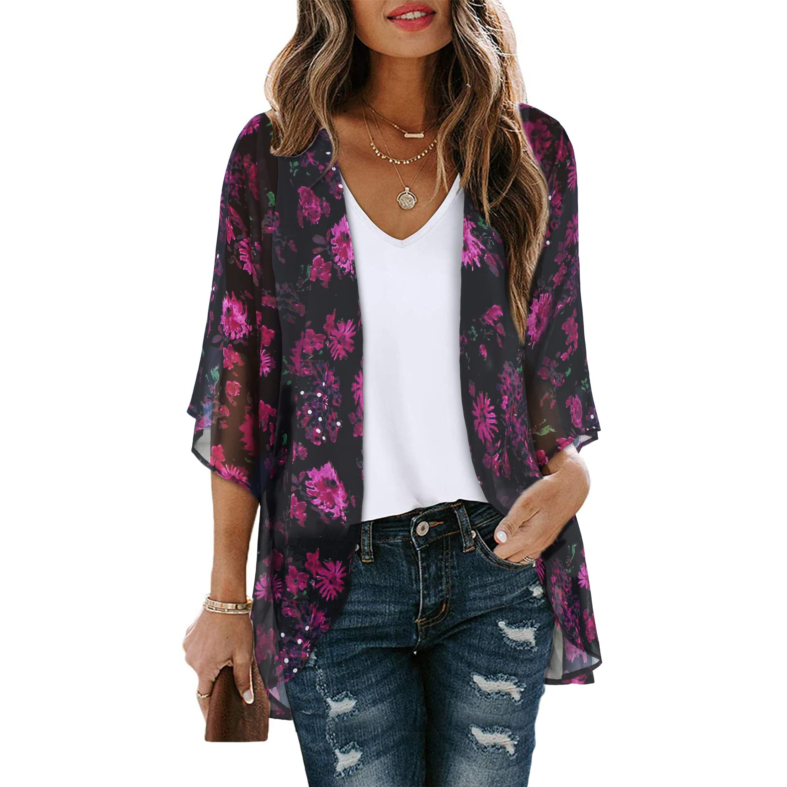 Women 's Fall Tops Dressy Casual Kimono Cardigan Summer Loose Cover Up Blouse Hawaiian Shirts (Rosefloral, S)