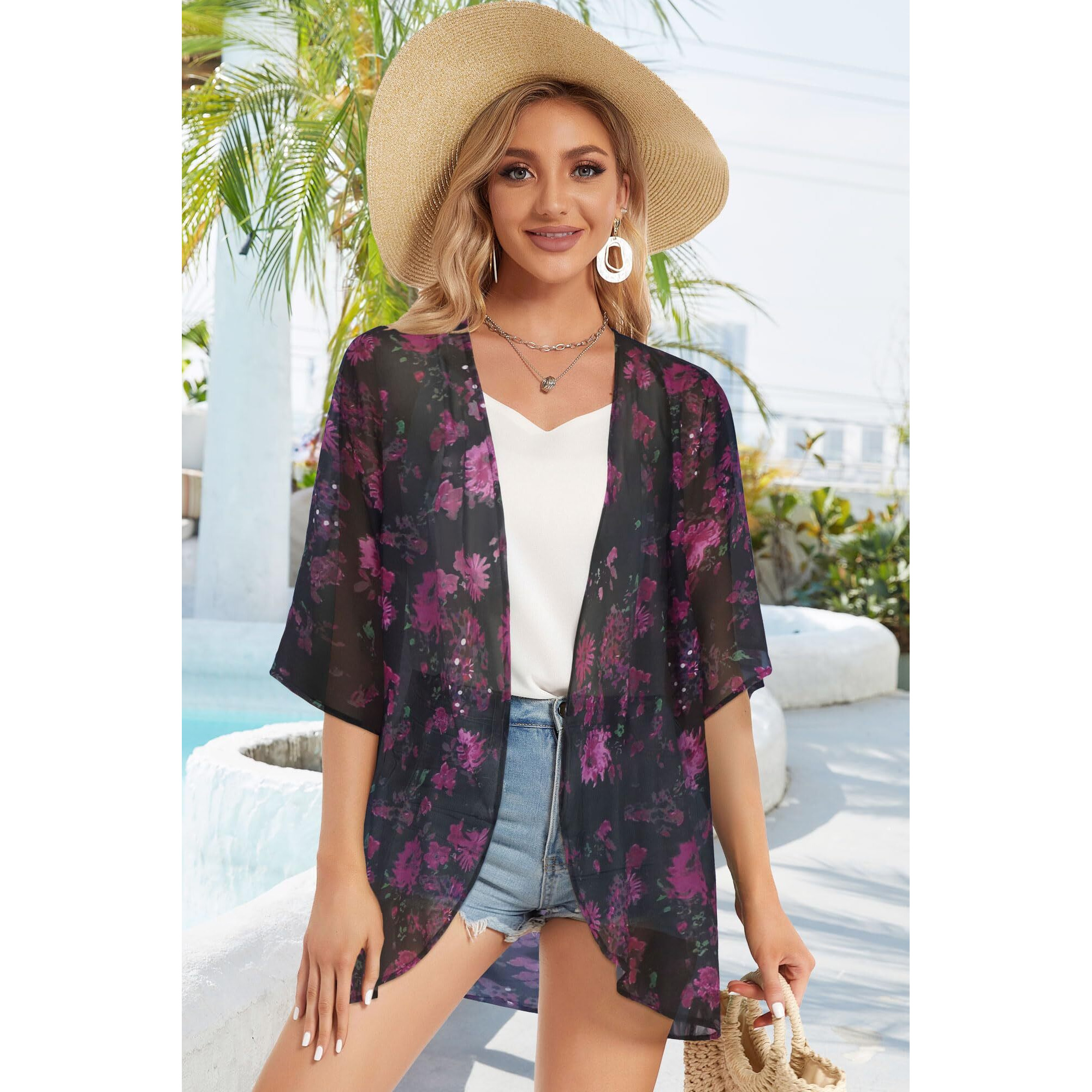 Women 's Fall Tops Dressy Casual Kimono Cardigan Summer Loose Cover Up Blouse Hawaiian Shirts (Rosefloral, S)