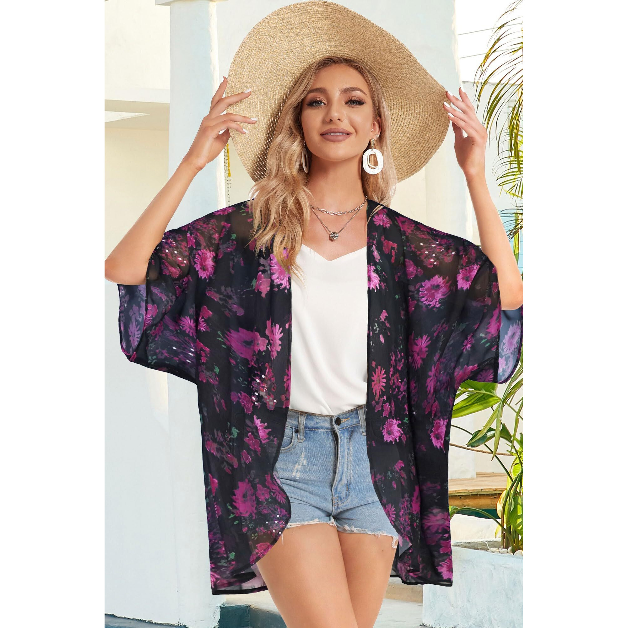 Women 's Fall Tops Dressy Casual Kimono Cardigan Summer Loose Cover Up Blouse Hawaiian Shirts (Rosefloral, S)