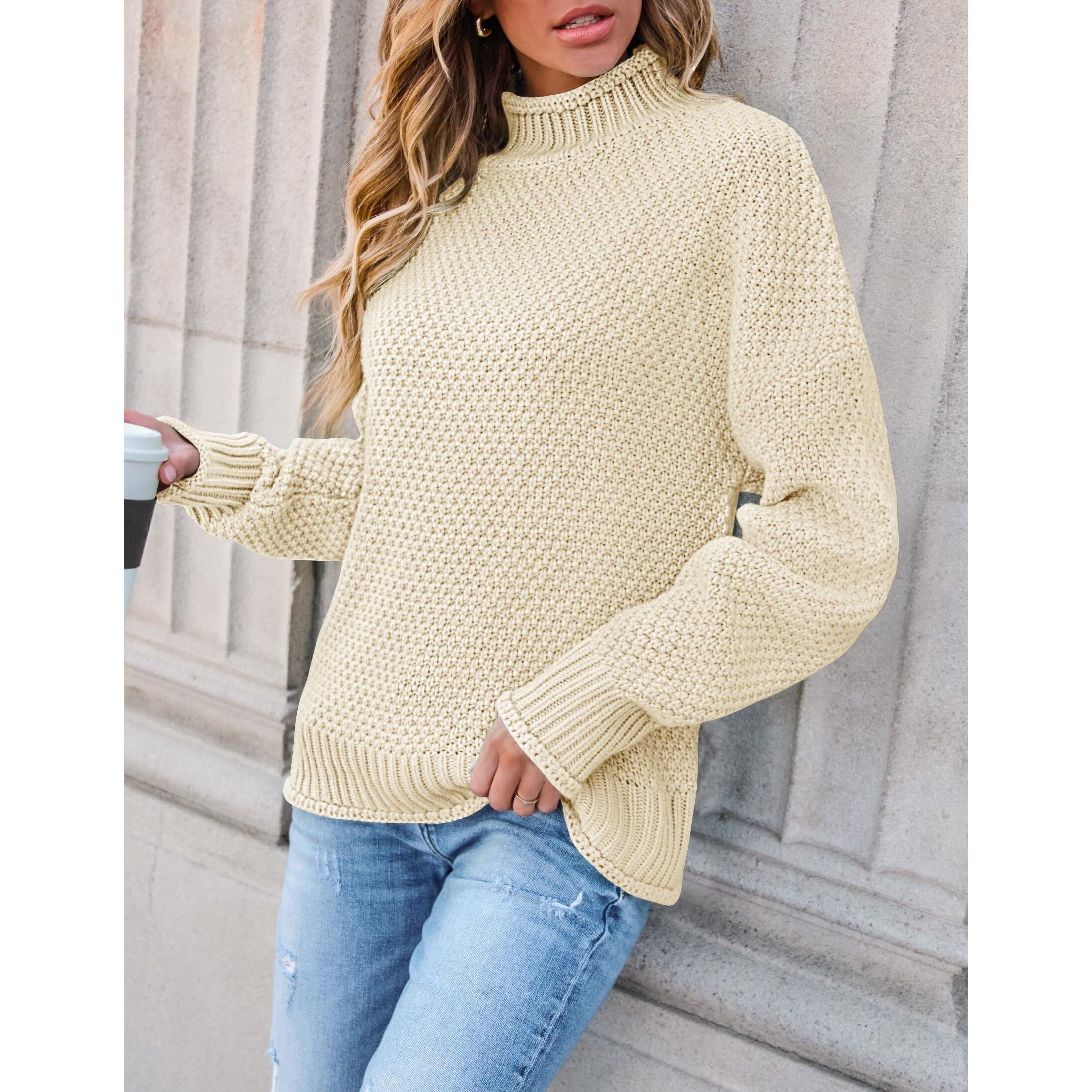 Zesica Women 's Turtleneck Batwing Sleeve Loose Oversized Chunky Knitted Pullover Sweater Jumper Tops,Apricot,Large