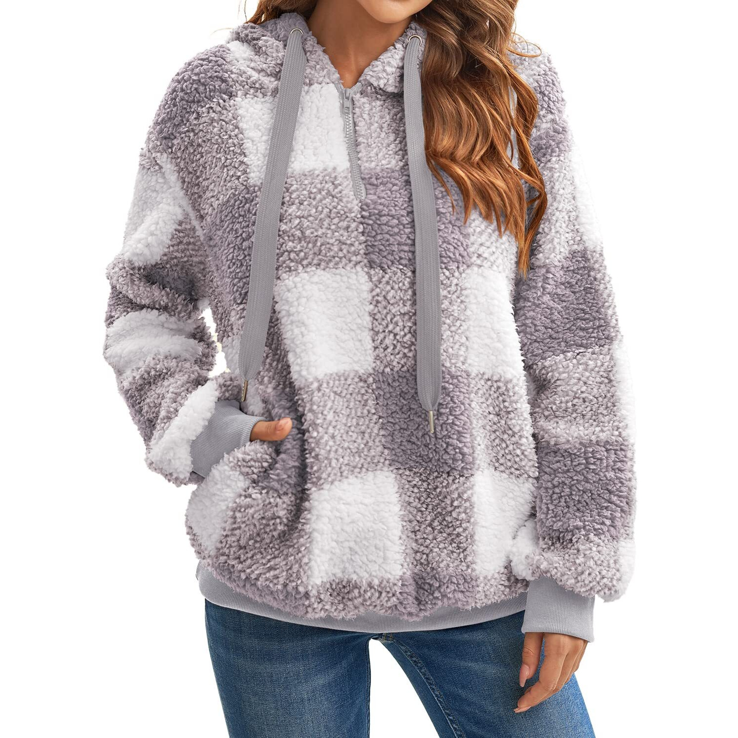 Reachme Womens Oversized Sherpa Pullover Hoodie With Pockets Fuzzy Fleece Sweatshirt Plaid Fluffy Jacket Coat(B4 Light Grey,S)