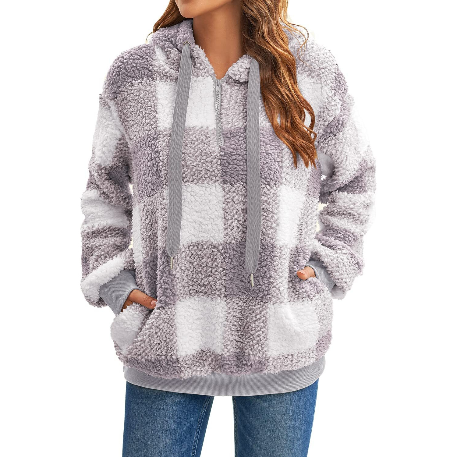 Reachme Womens Oversized Sherpa Pullover Hoodie With Pockets Fuzzy Fleece Sweatshirt Plaid Fluffy Jacket Coat(B4 Light Grey,S)