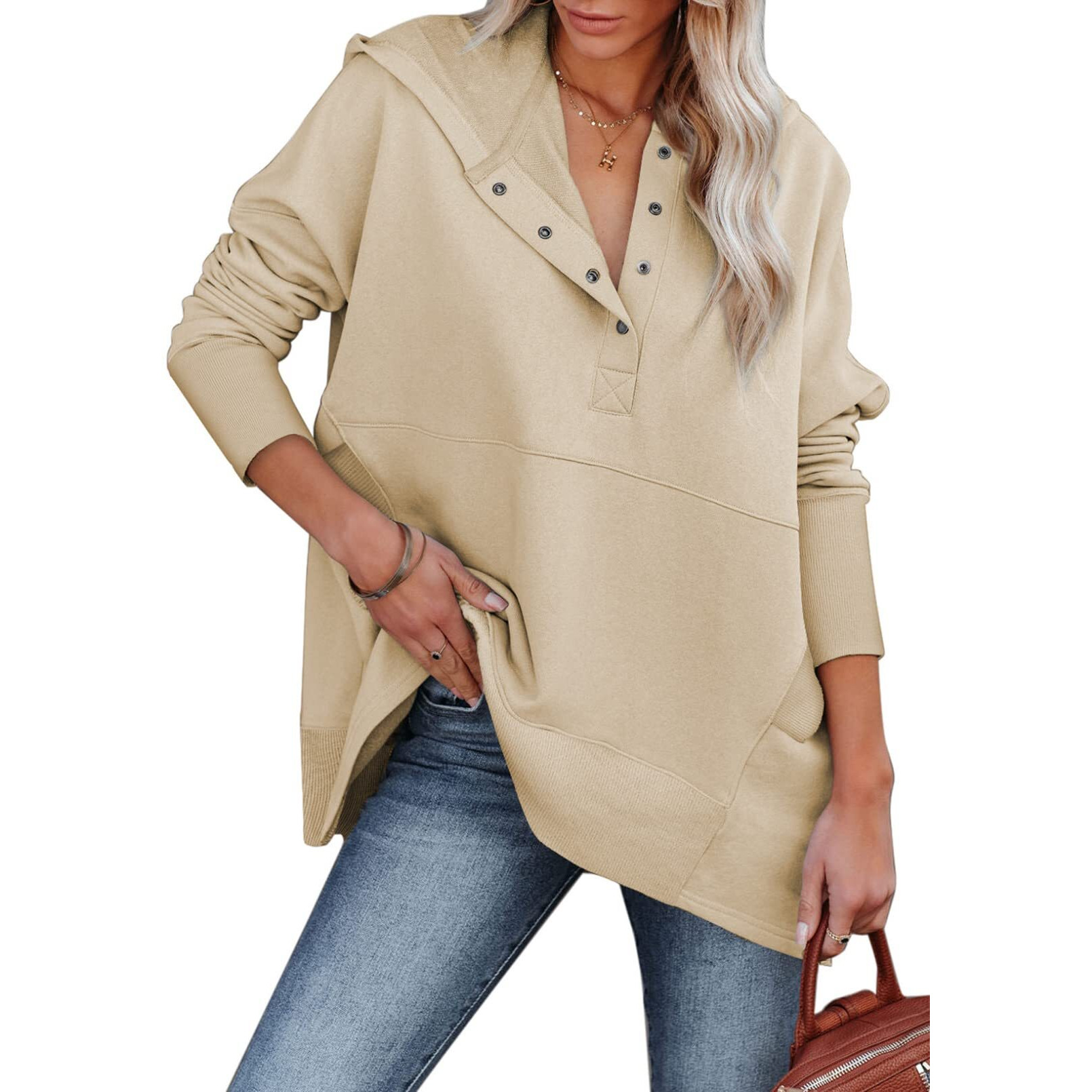 Alvaq Womens Oversize Half Button Down Long Sleeve Sweatshirt Casual Ribbed Hoodie Pullover Tunic Tops With Pocket Khaki Small