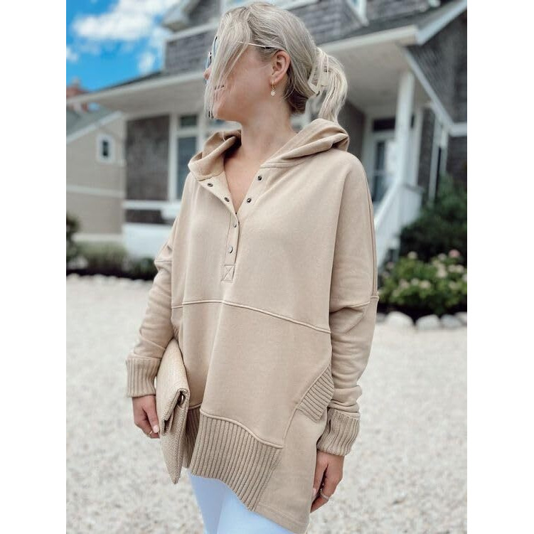 Alvaq Womens Oversize Half Button Down Long Sleeve Sweatshirt Casual Ribbed Hoodie Pullover Tunic Tops With Pocket Khaki Small