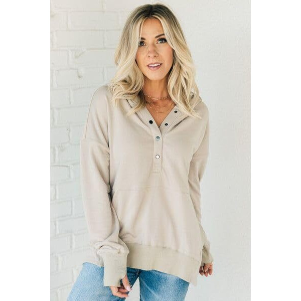 Alvaq Womens Oversize Half Button Down Long Sleeve Sweatshirt Casual Ribbed Hoodie Pullover Tunic Tops With Pocket Khaki Small