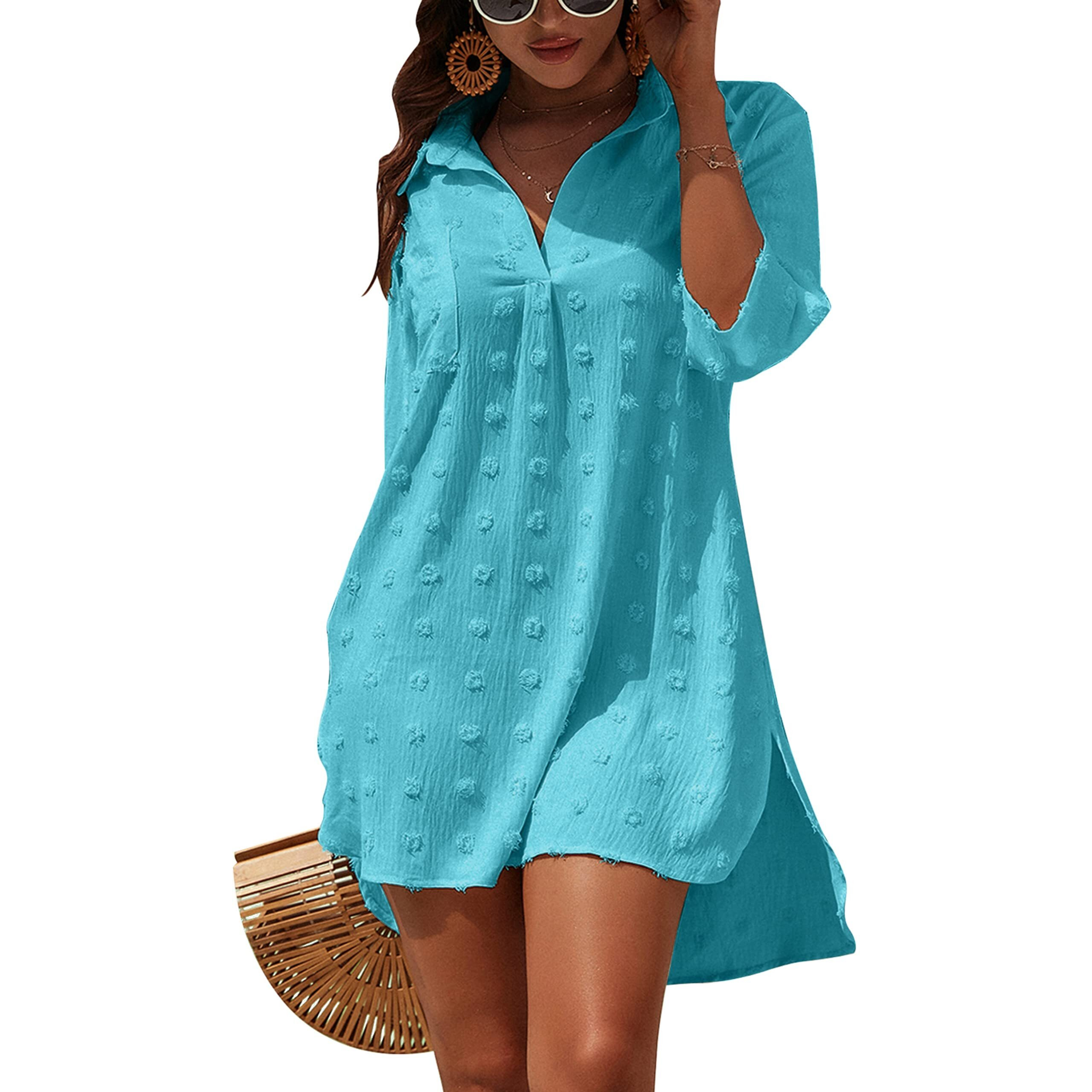 Blooming Jelly Womens Bathing Suit Coverups White Swiss Dot Beach Swim Cover Up Shirt Dress(Medium,Fluorescent Blue)
