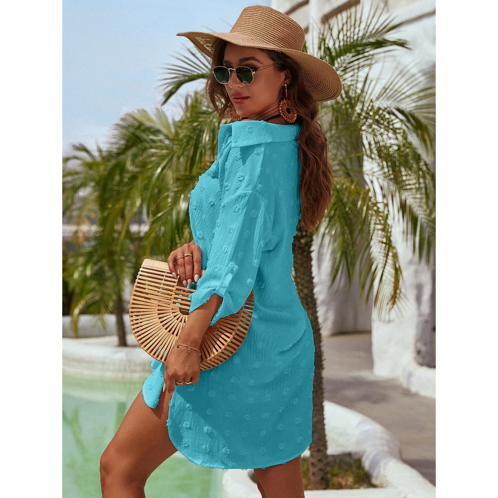 Blooming Jelly Womens Bathing Suit Coverups White Swiss Dot Beach Swim Cover Up Shirt Dress(Medium,Fluorescent Blue)